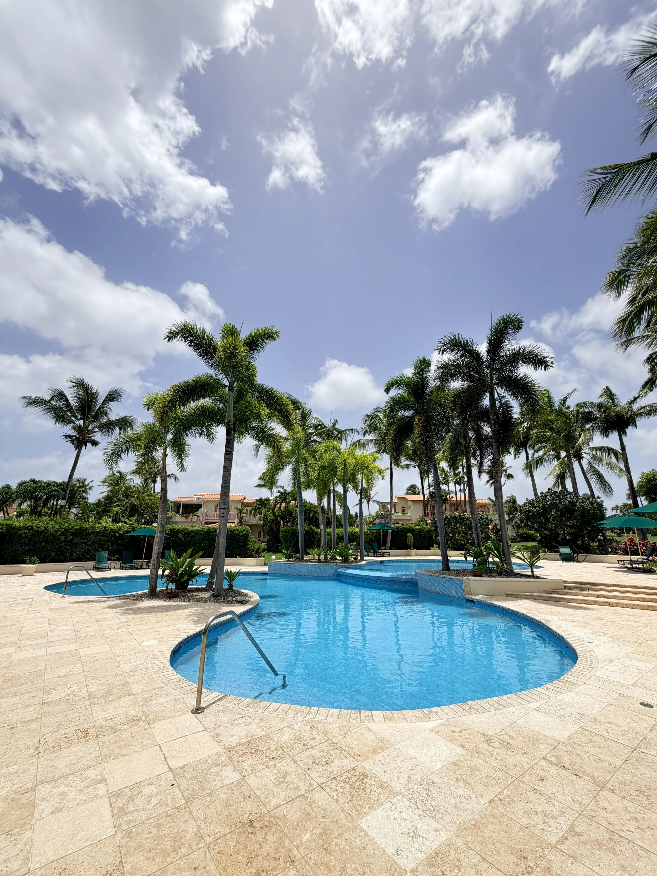 A swimming pool surrounded by palm trees and lounge chairs under a partly cloudy sky.