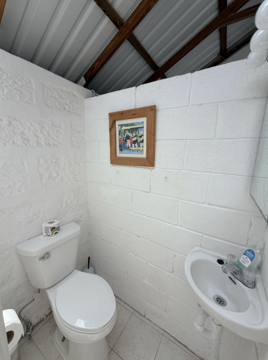 A small bathroom featuring a white toilet with a roll of toilet paper on top, a small white sink with a bottle of hand sanitizer, a wall-mounted mirror, and a framed colorful artwork hanging on a white brick wall under a metal ceiling with wooden bea