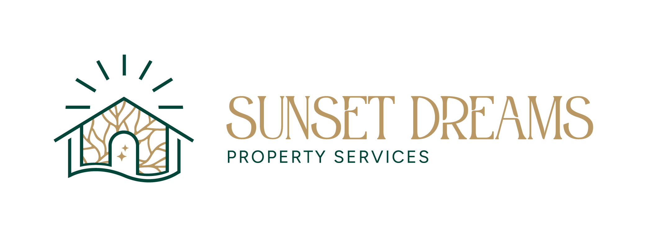 Sunset Dreams Property Services logo featuring a house with tree branches inside, a rising sun with rays, and stars, with the company name in elegant fonts.