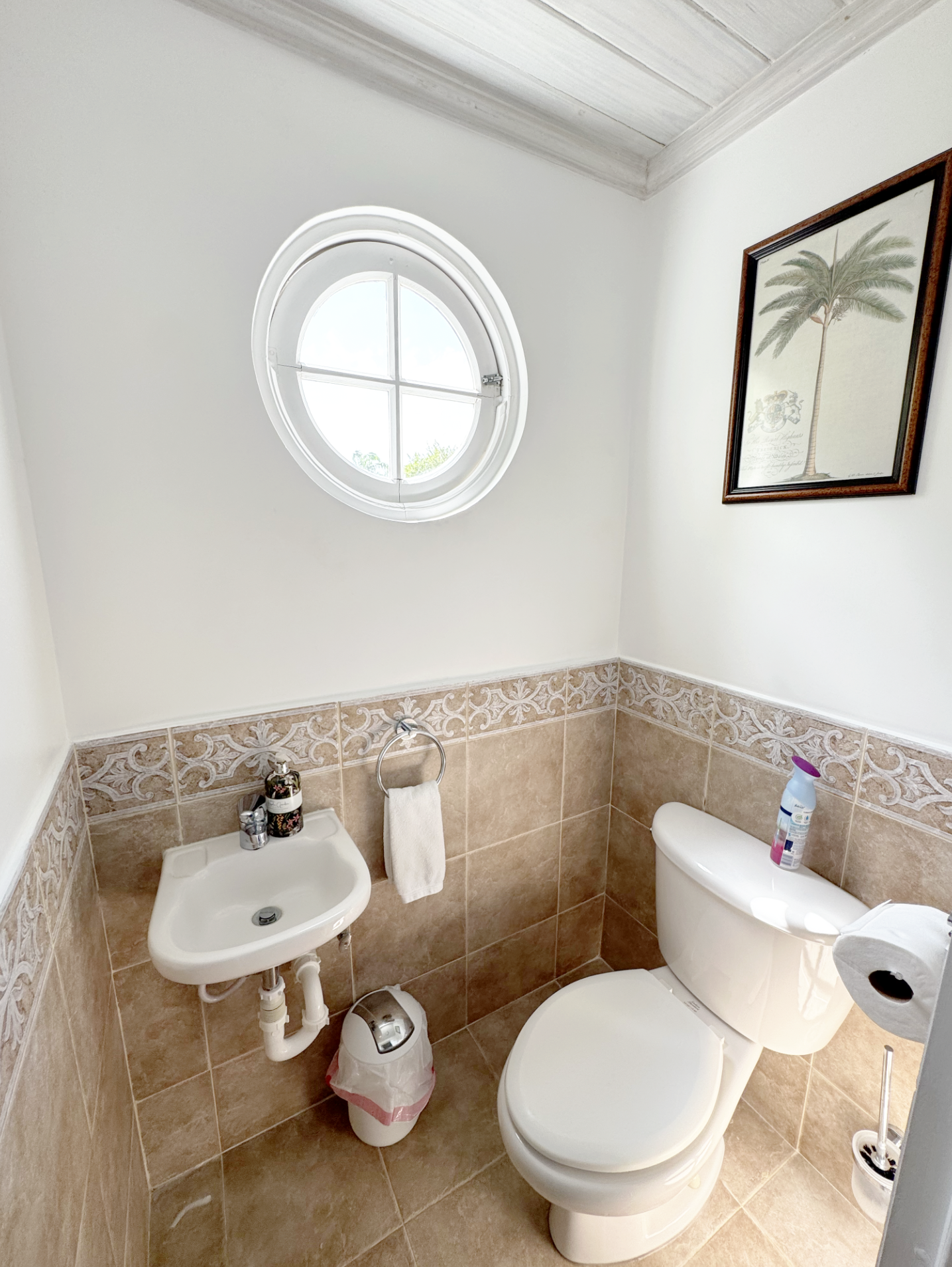 A small bathroom with a white toilet, a small white sink, a framed picture of a palm tree on the wall, a toilet paper roll, a bottle of toilet cleaner, a trash bin, and a window with a rounded frame letting in natural light.