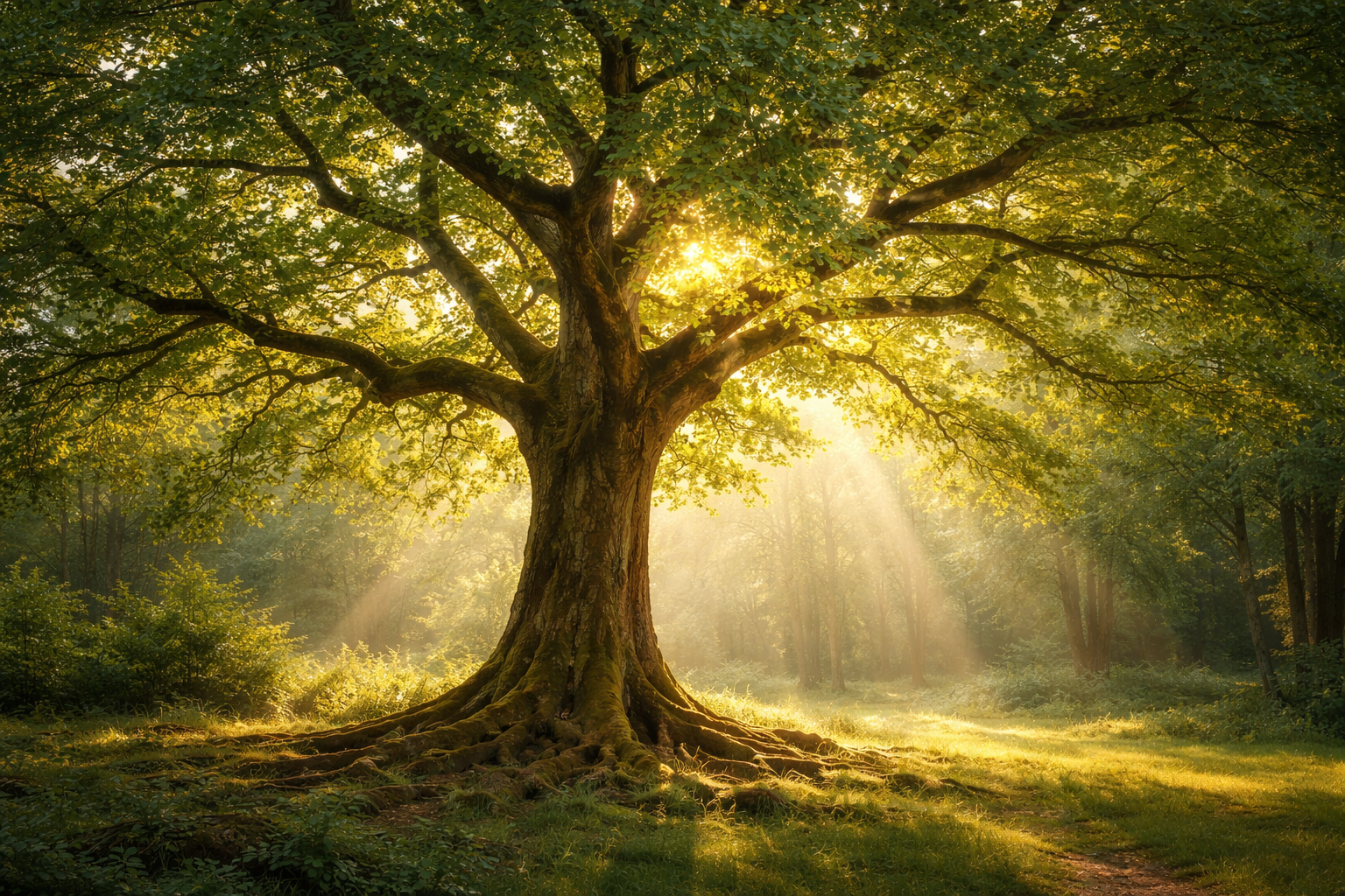 Sunlight filtering through a large, lush green tree in a forest clearing with rays illuminating the grass and surrounding trees.
