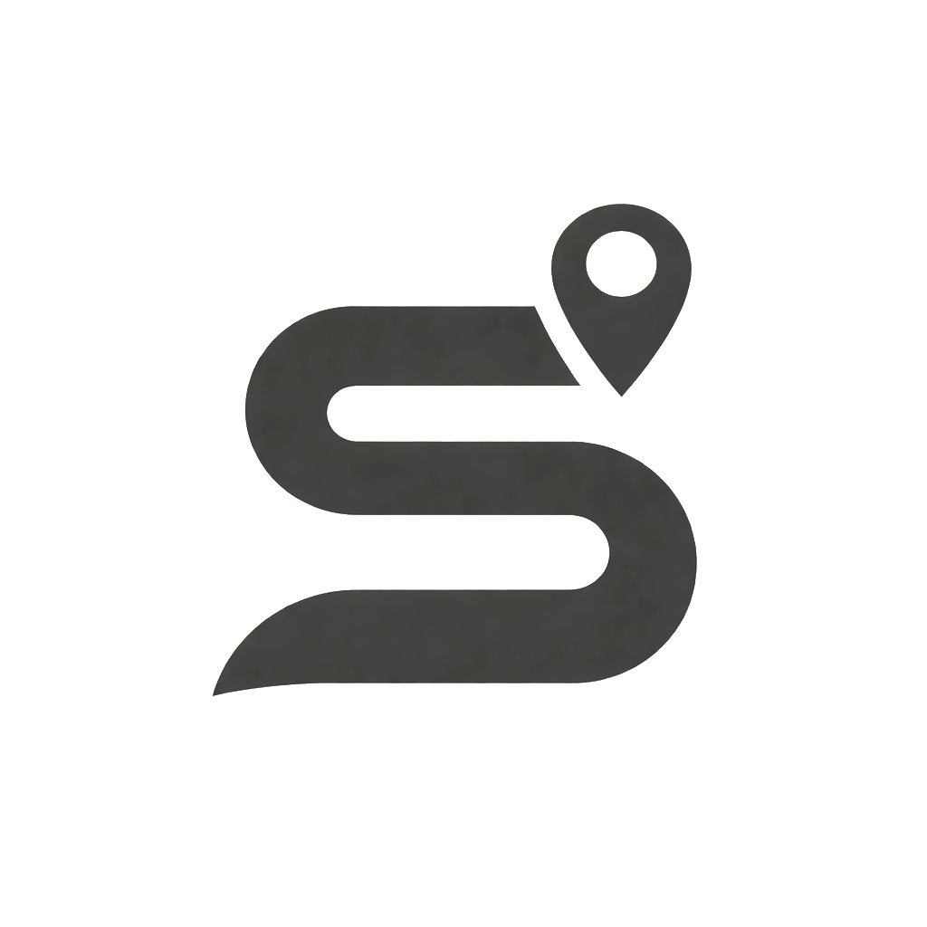 A stylized black letter 'S' with a location pin on the upper right corner.
