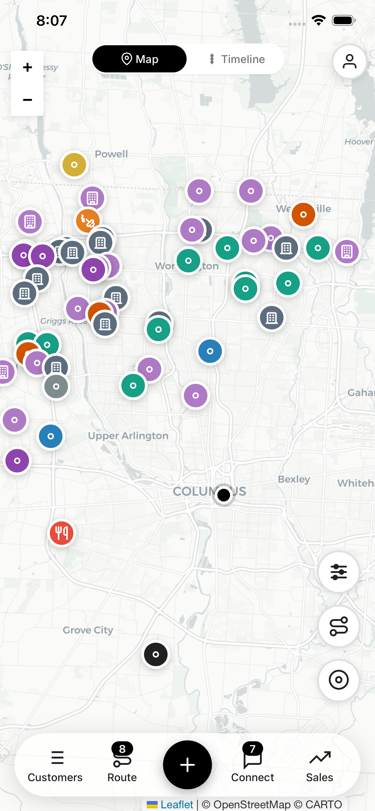 Map of Columbus, Ohio with various colored icons representing businesses and points of interest.