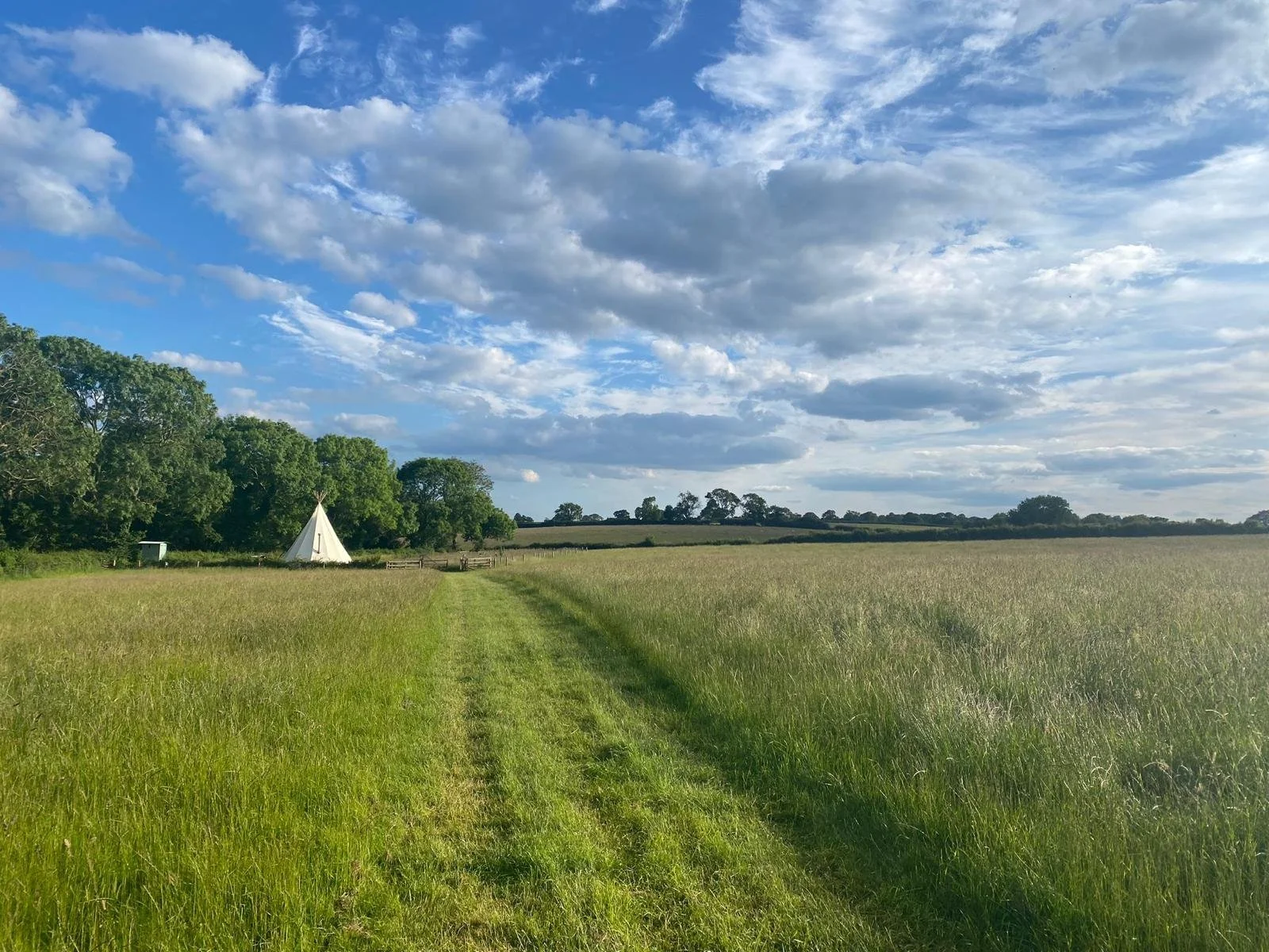 A grassy field with a narrow dirt trail, a white teepee tent, trees, and a partly cloudy sky.