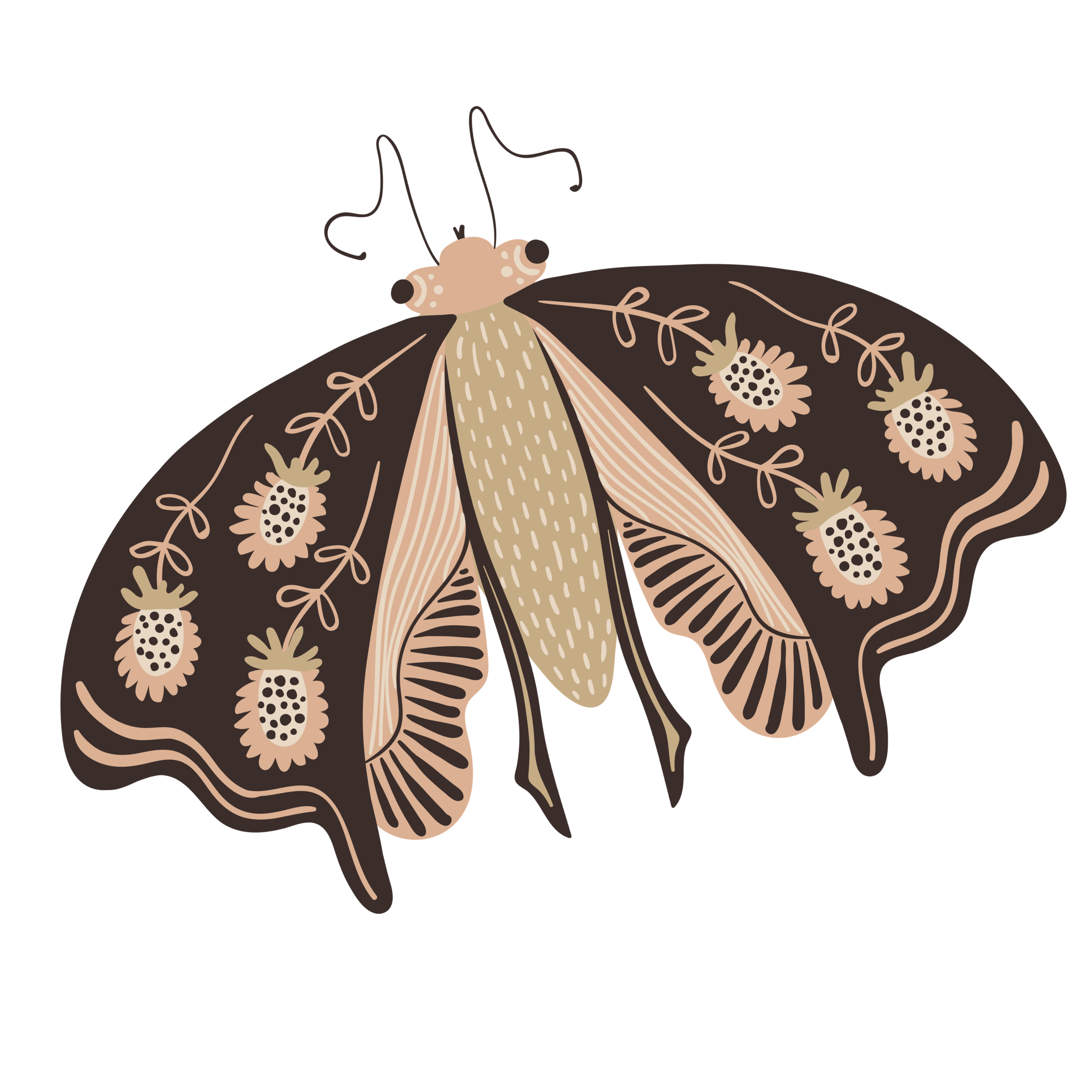 Illustration of a butterfly with intricate wing patterns in beige and dark brown colors, featuring floral and leaf motifs.