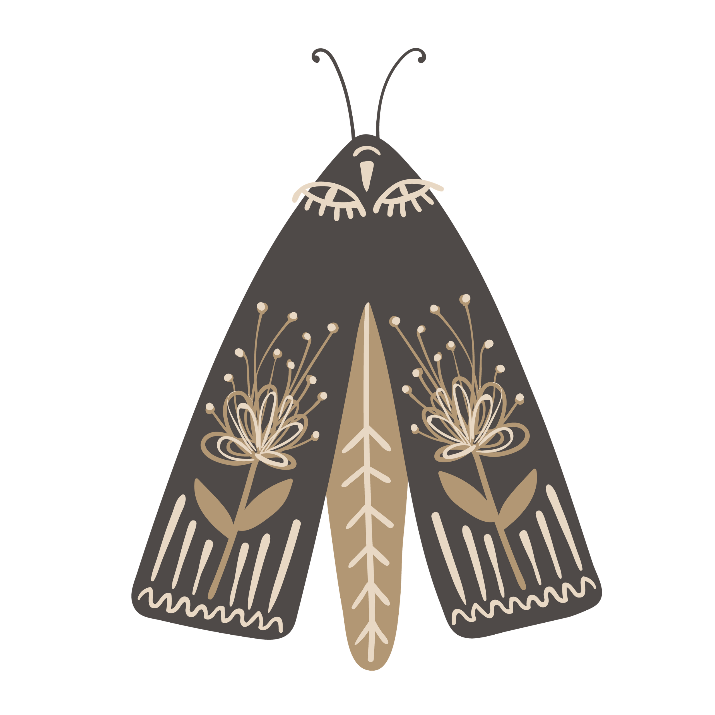 Stylized moth with floral and leaf patterns on its wings, in beige and black colors.