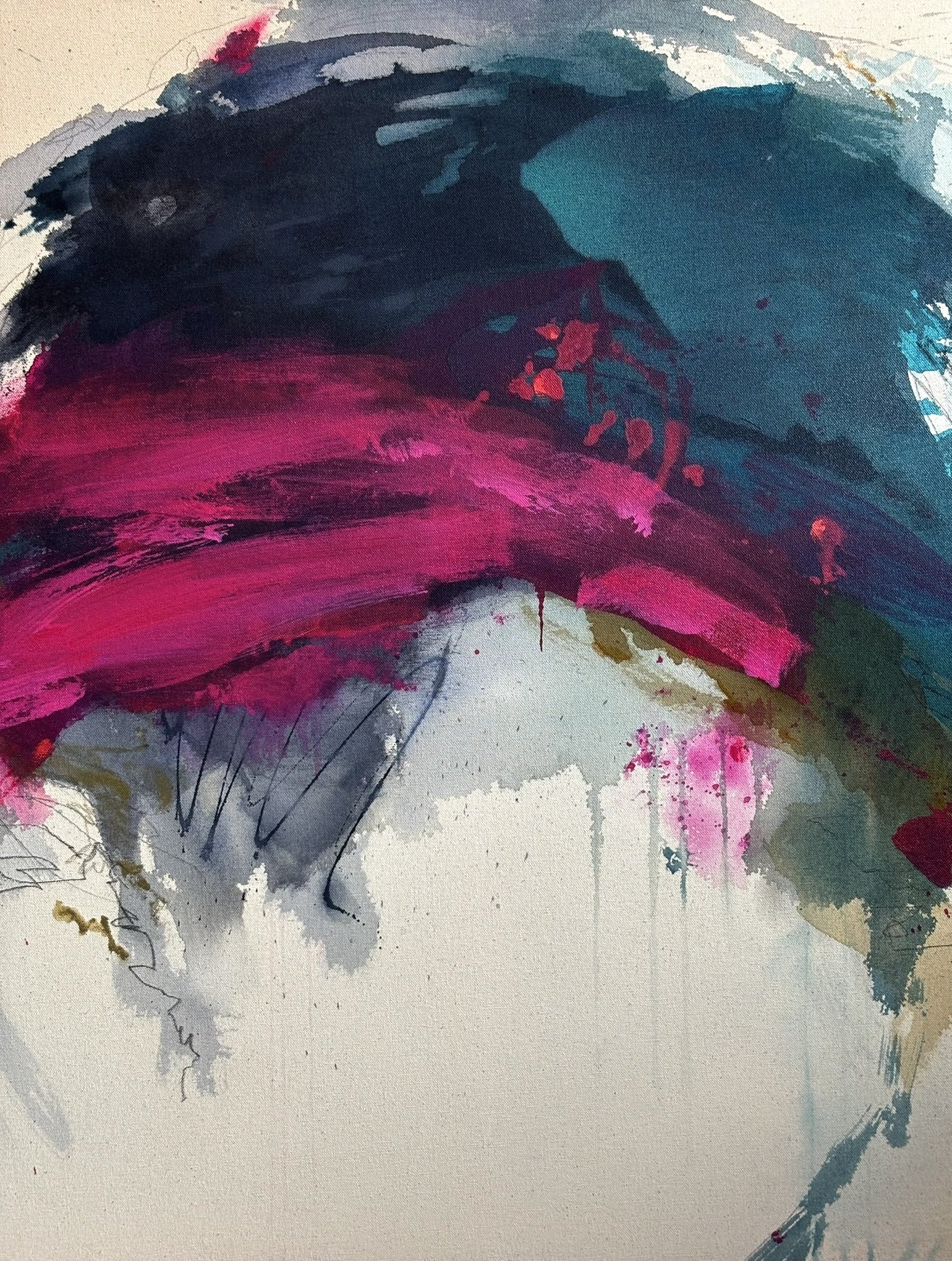Detail of the original abstract painting "You should smile more" showing acrylic, pastel and pencil marks.