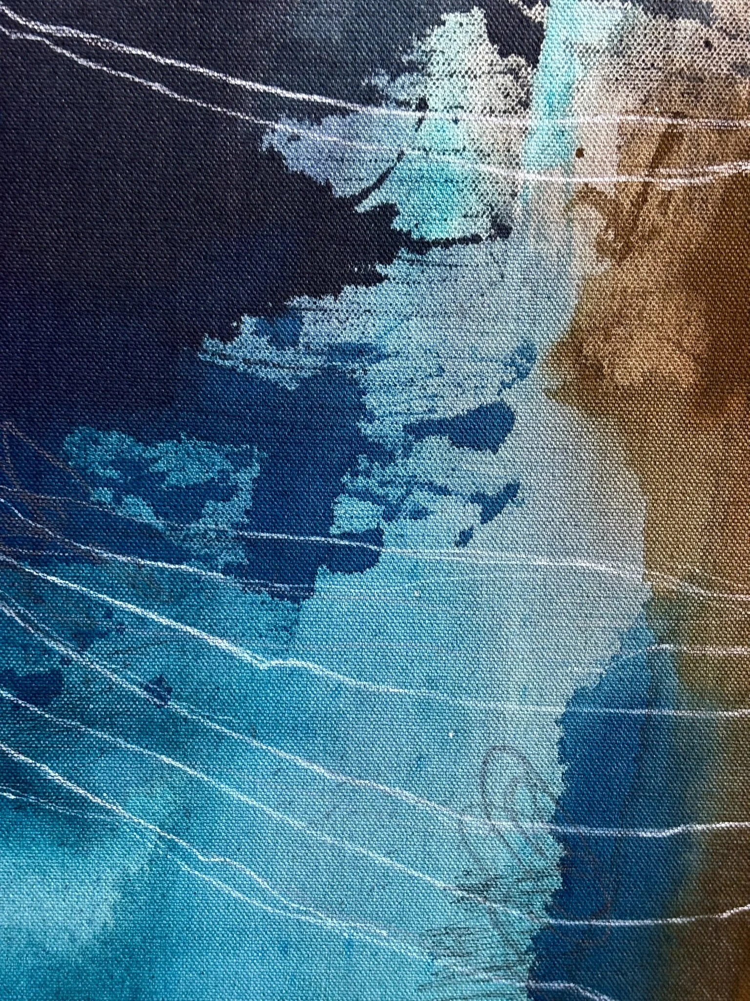 Detail of the original abstract painting "Hang in There" showing acrylic, pastel and pencil marks.