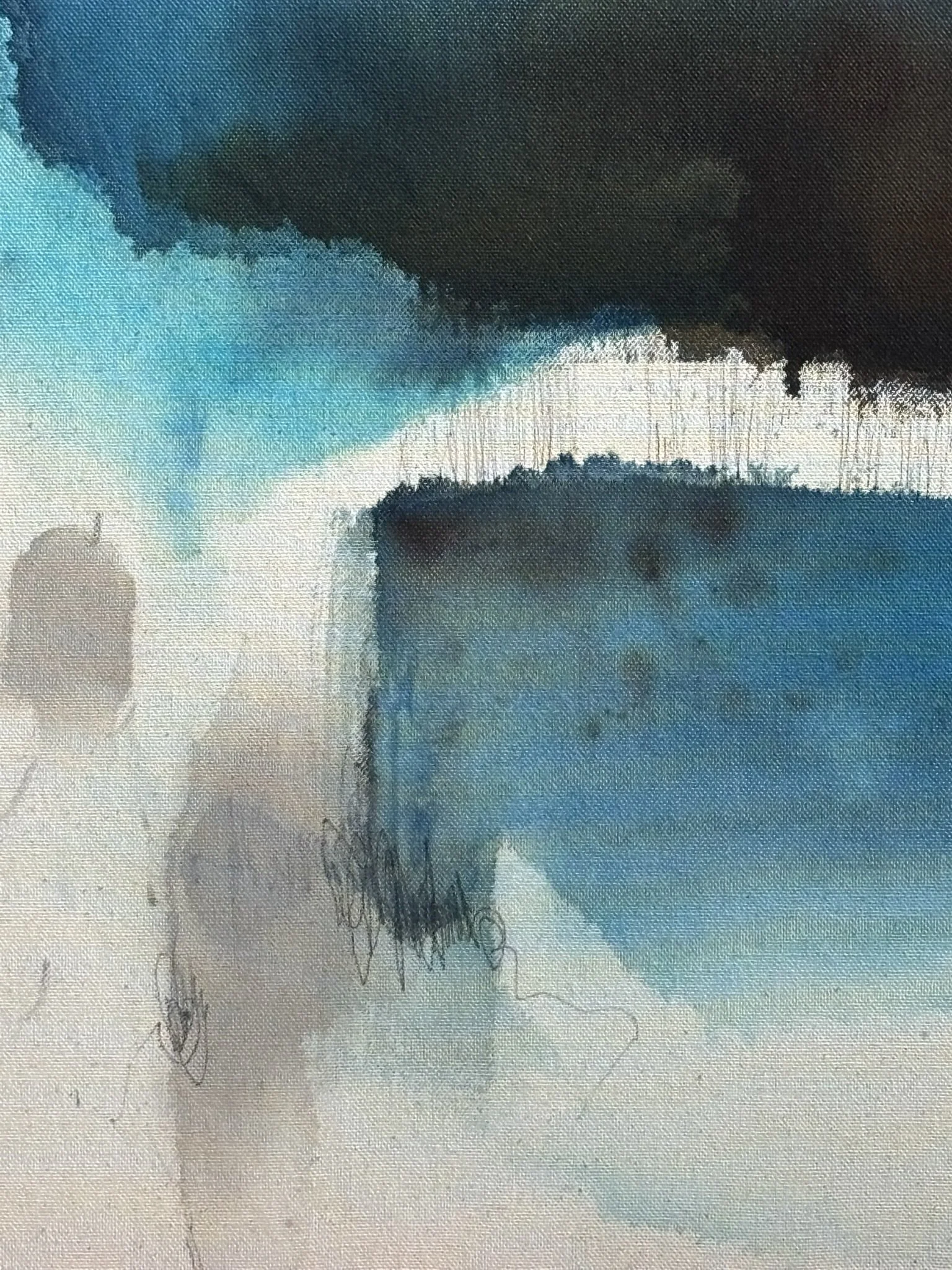 Detail of the original abstract painting "Dissociation" showing acrylic, pastel and pencil marks