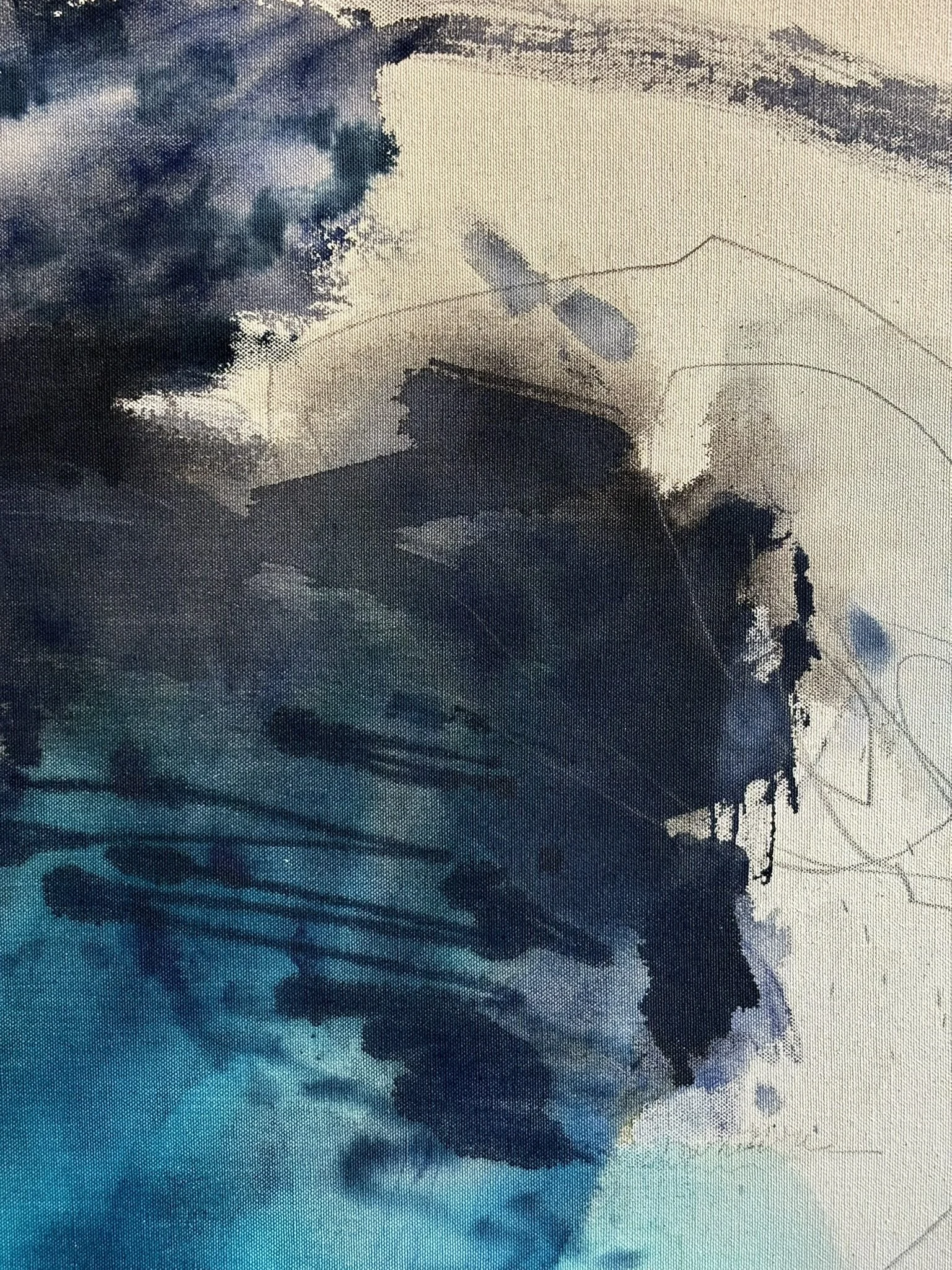 Detail of the original abstract painting "Disengage" showing acrylic, pastel and pencil marks.