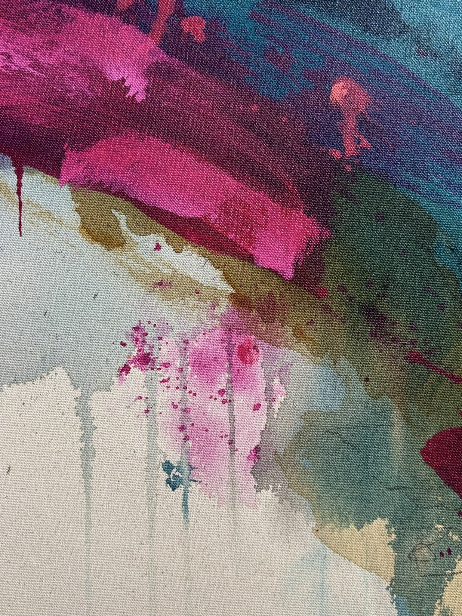 Detail of the original abstract painting "You should smile more" showing acrylic, pastel and pencil marks.