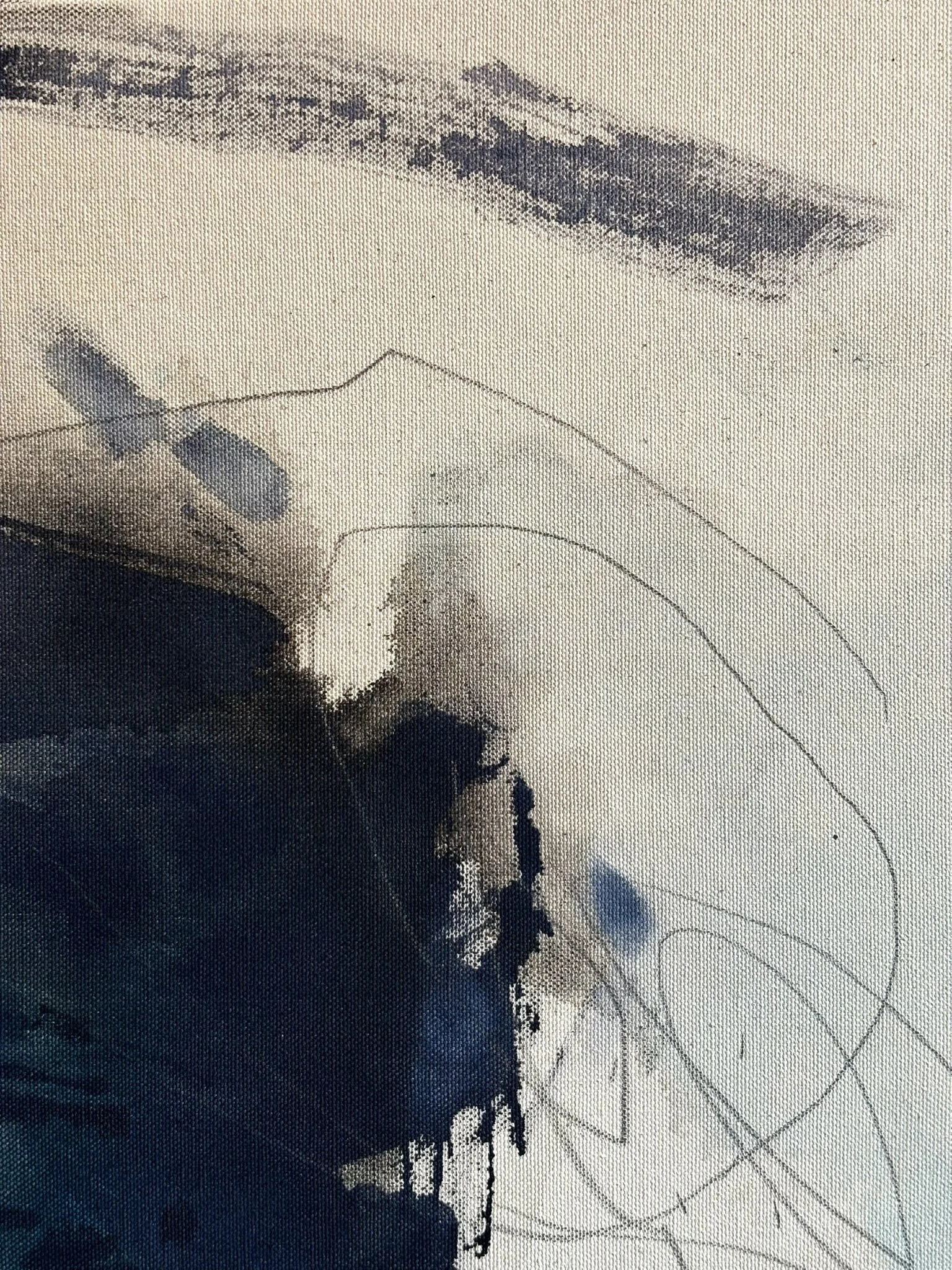 Detail of the original abstract painting "Disengage" showing acrylic, pastel and pencil marks.