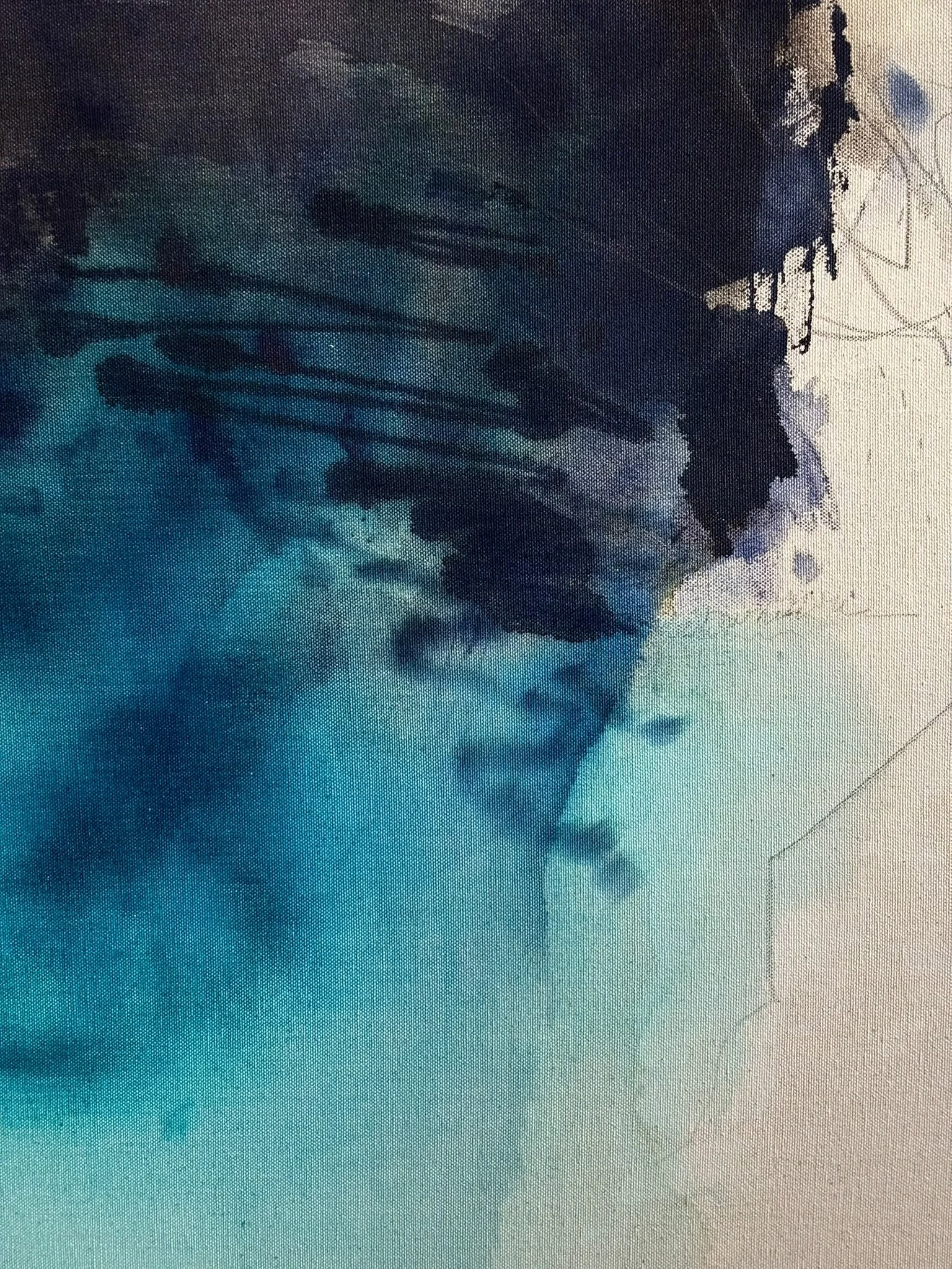 Detail of the original abstract painting "Disengage" showing acrylic, pastel and pencil marks.