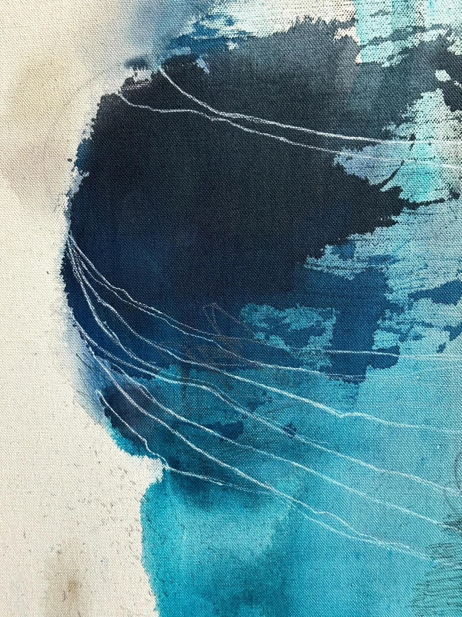 Detail of the original abstract painting "Hang in There" showing acrylic, pastel and pencil marks.
