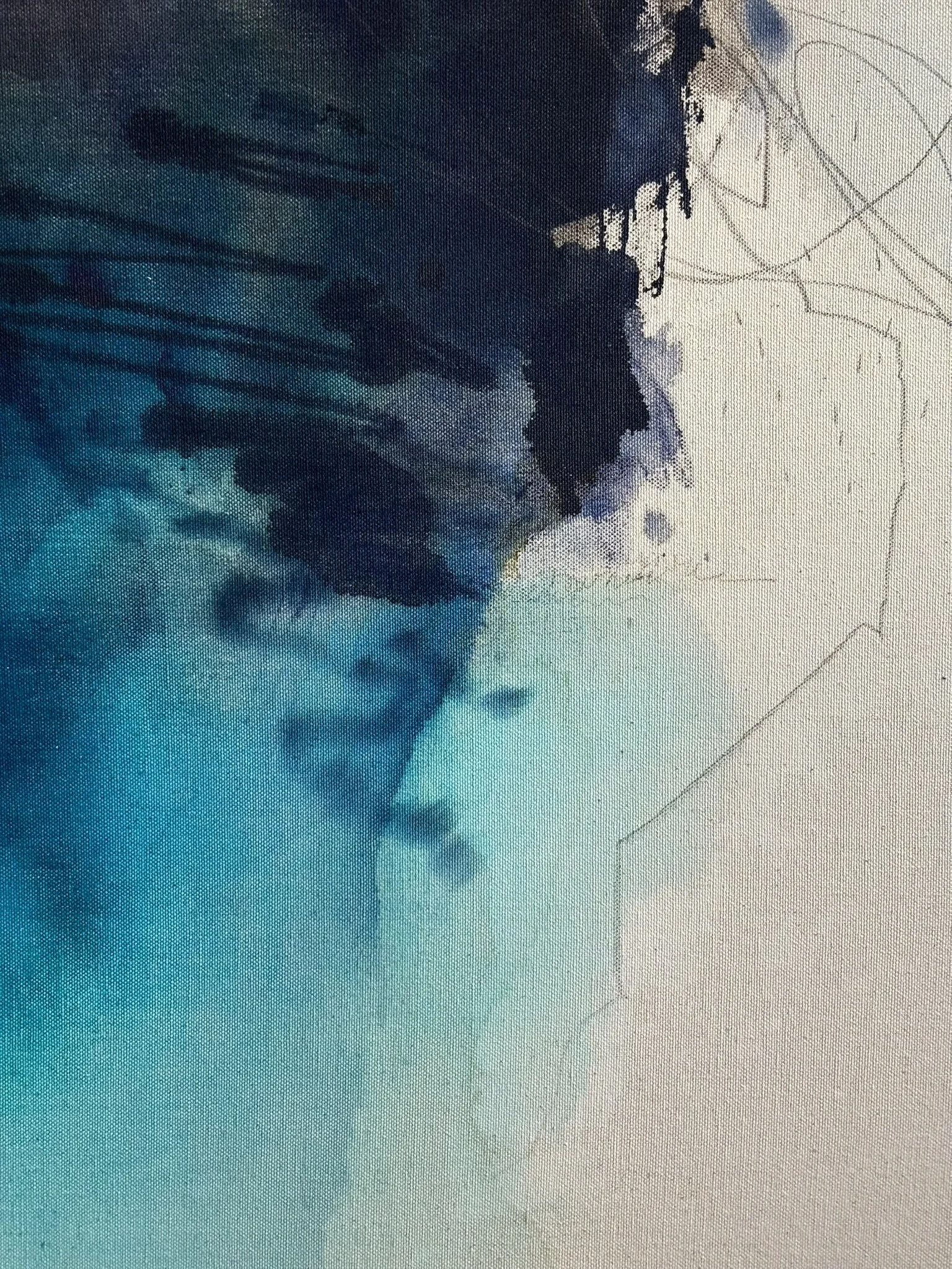 Detail of the original abstract painting "Disengage" showing acrylic, pastel and pencil marks.