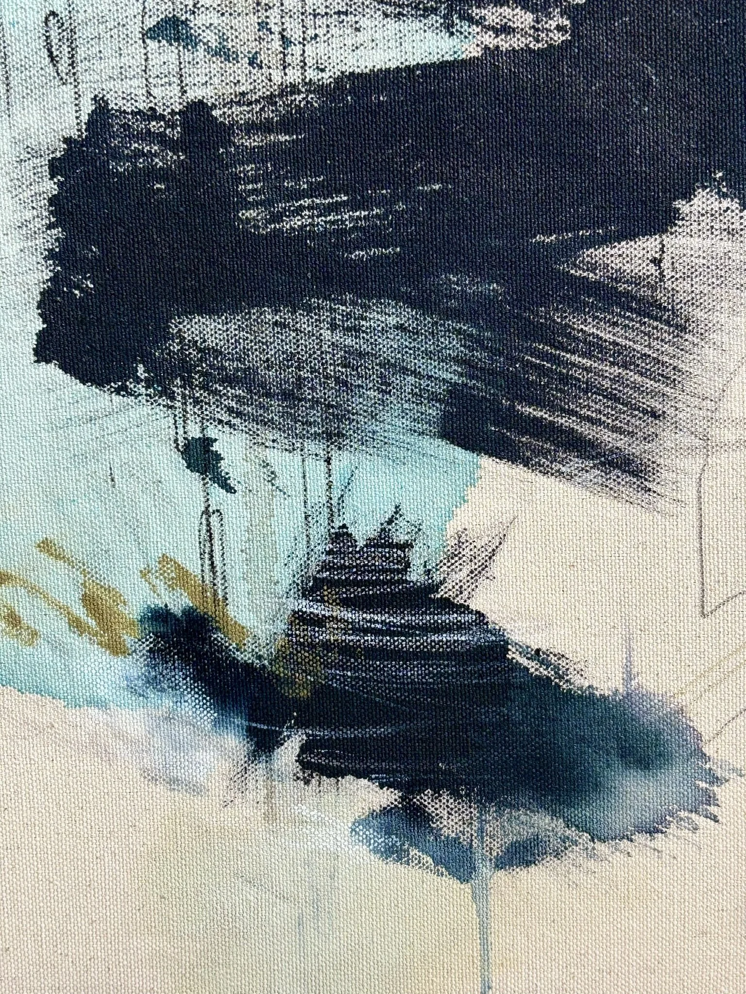 Detail of the original abstract painting "Containment" showing acrylic, pastel and pencil marks