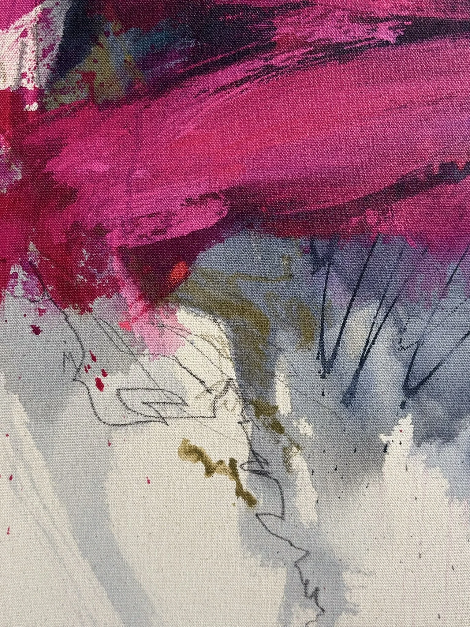 Detail of the original abstract painting "You should smile more" showing acrylic, pastel and pencil marks.