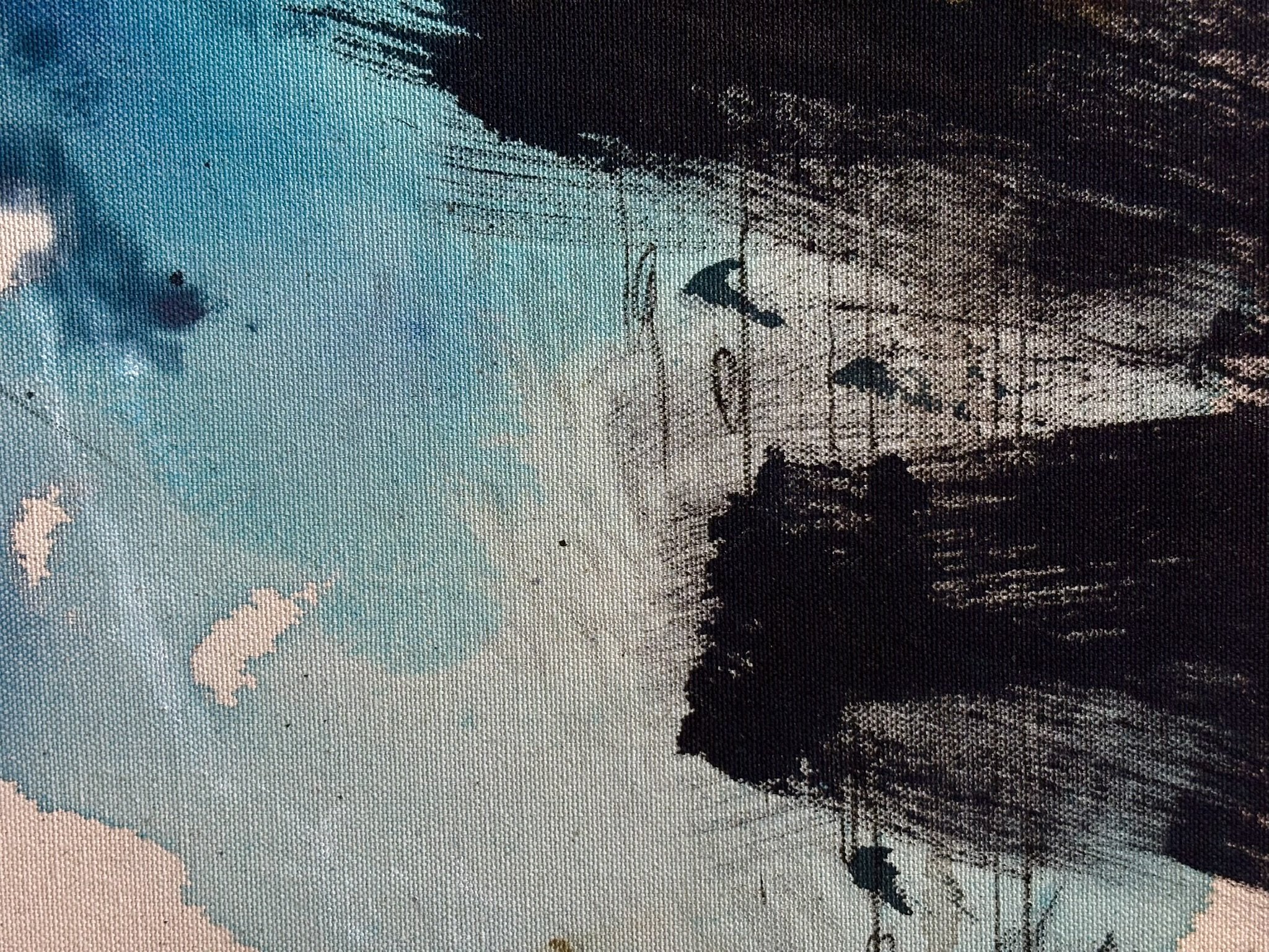 Detail of the original abstract painting "Containment" showing acrylic, pastel and pencil marks