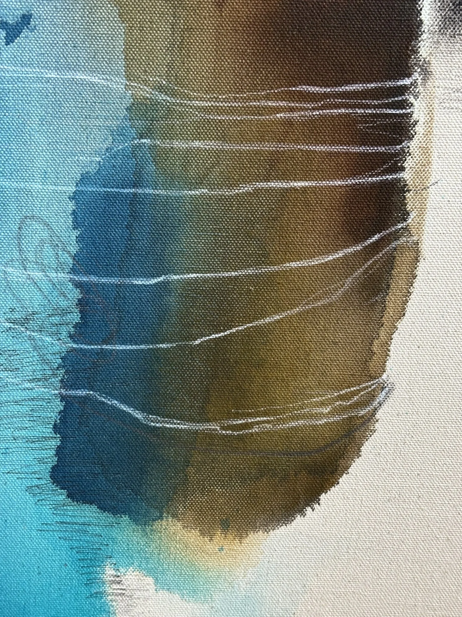Detail of the original abstract painting "Hang in There" showing acrylic, pastel and pencil marks.