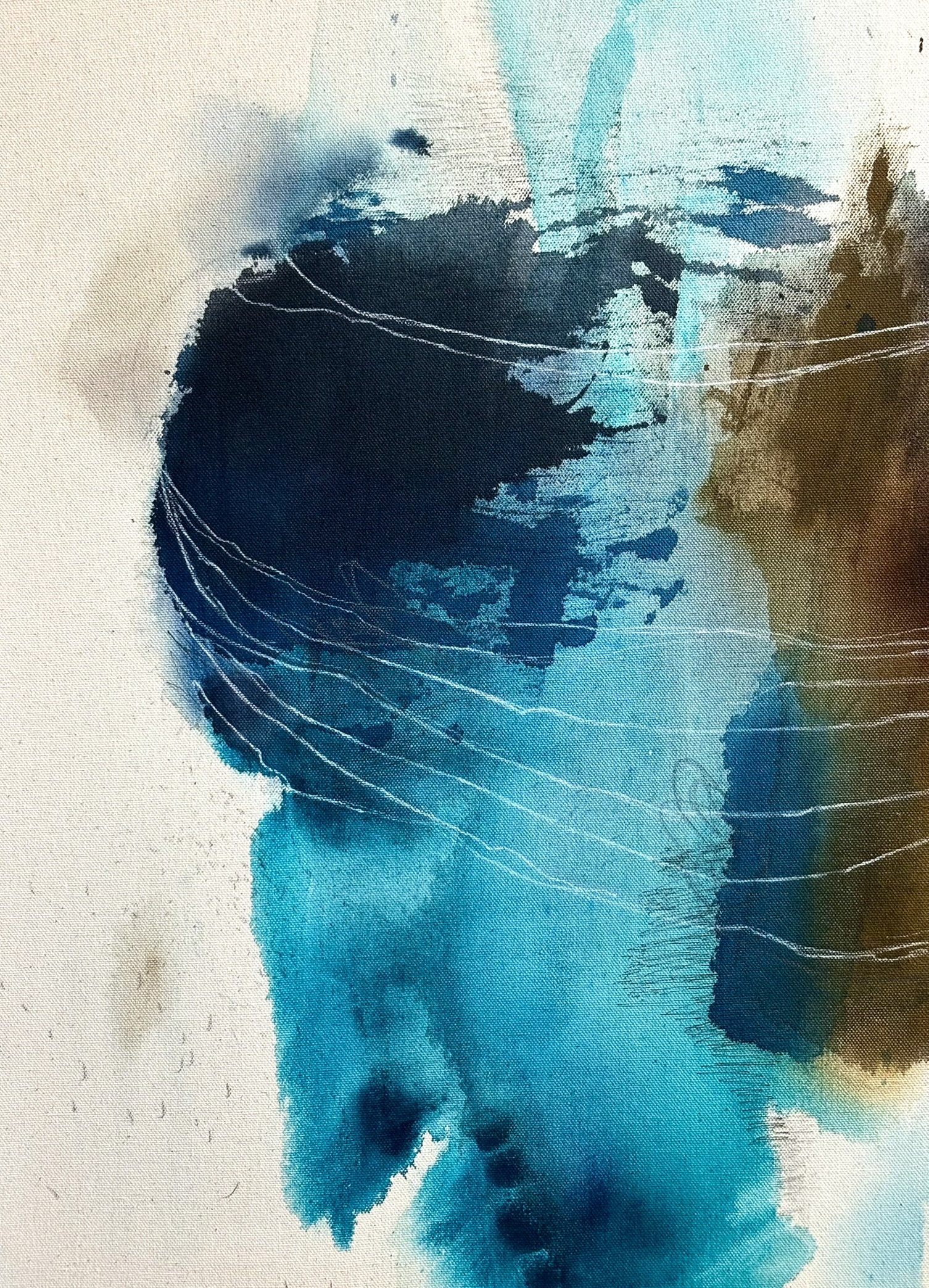 Detail of the original abstract painting "Hang in There" showing acrylic, pastel and pencil marks.