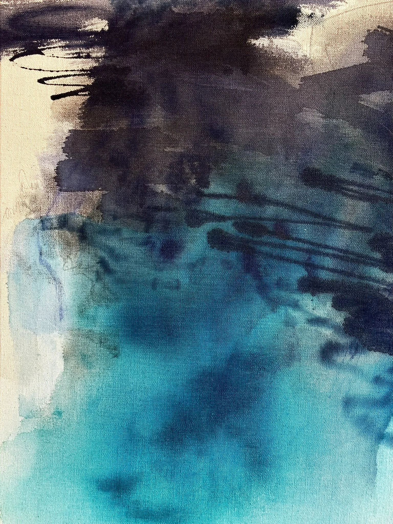 Detail of the original abstract painting "Disengage" showing acrylic, pastel and pencil marks.