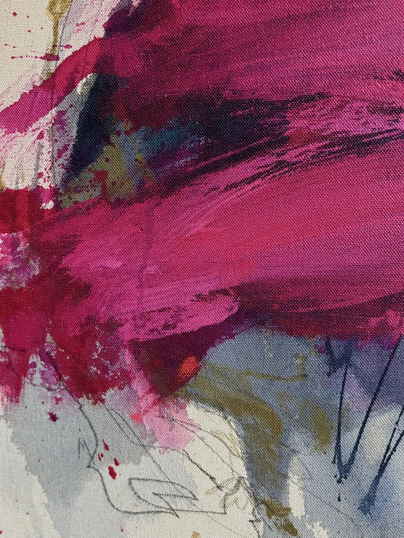 Detail of the original abstract painting "You should smile more" showing acrylic, pastel and pencil marks.