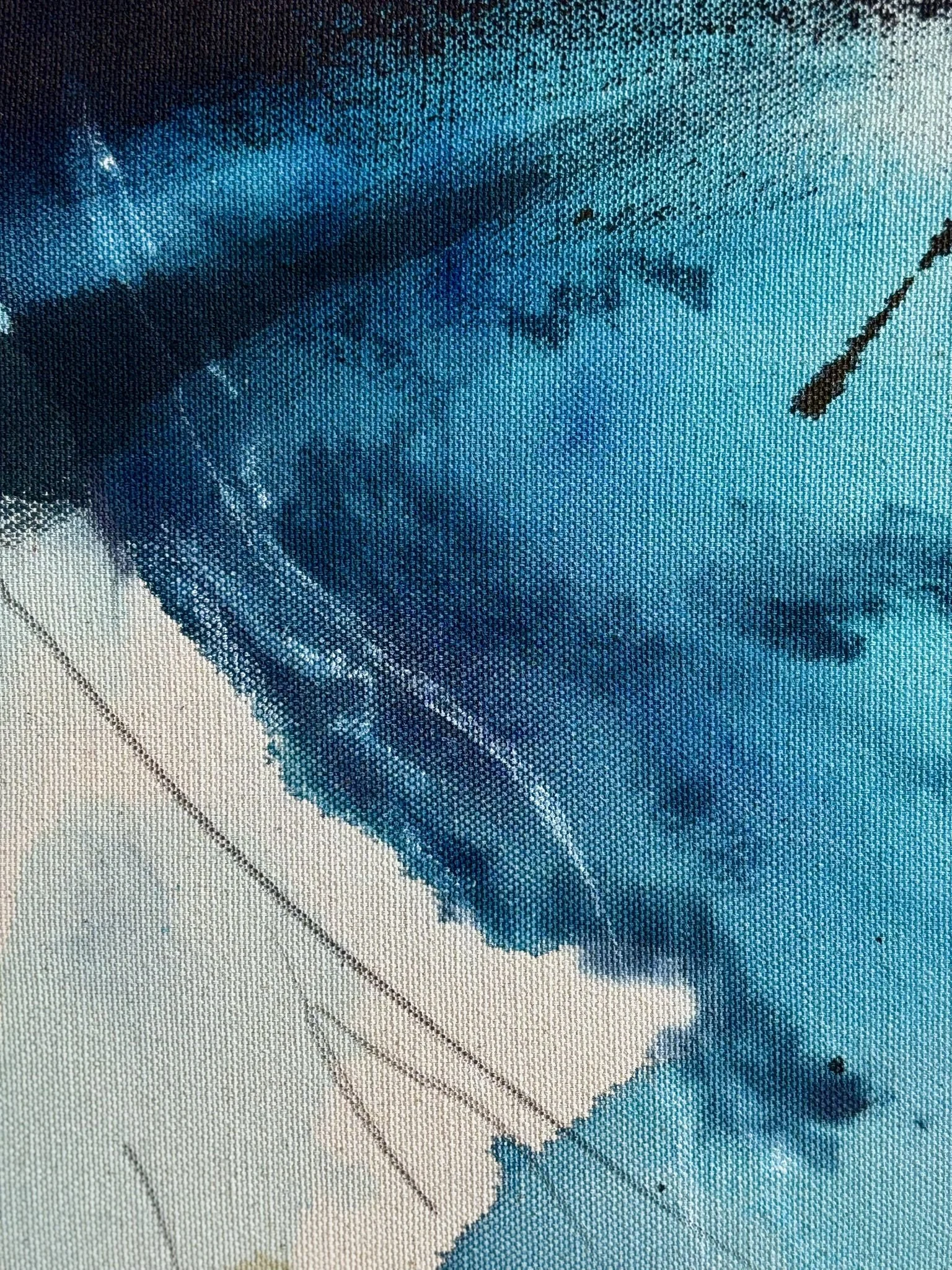 Detail of the original abstract painting "Containment" showing acrylic, pastel and pencil marks
