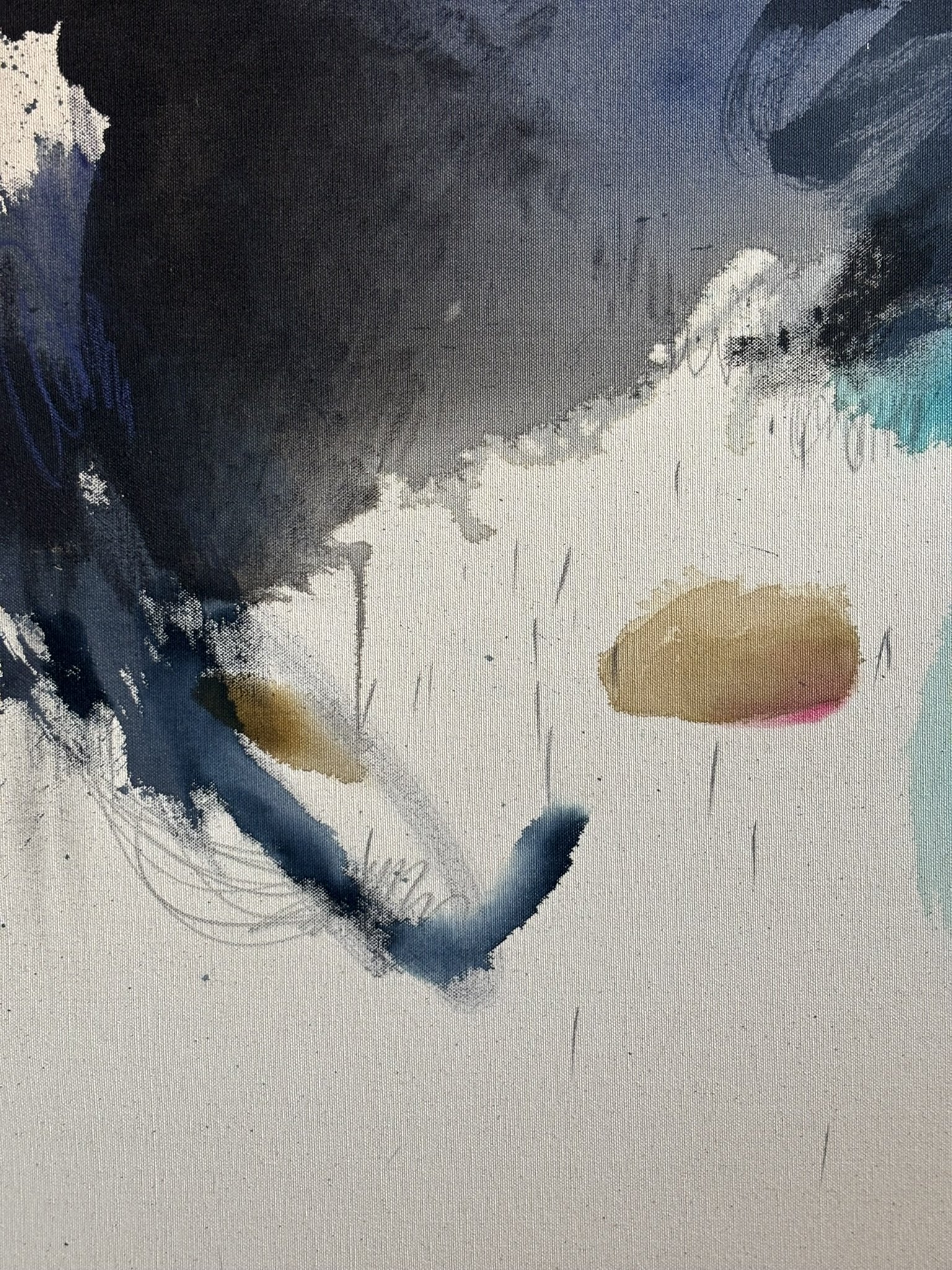Detail of the original abstract painting "Containment" showing acrylic, pastel and pencil marks