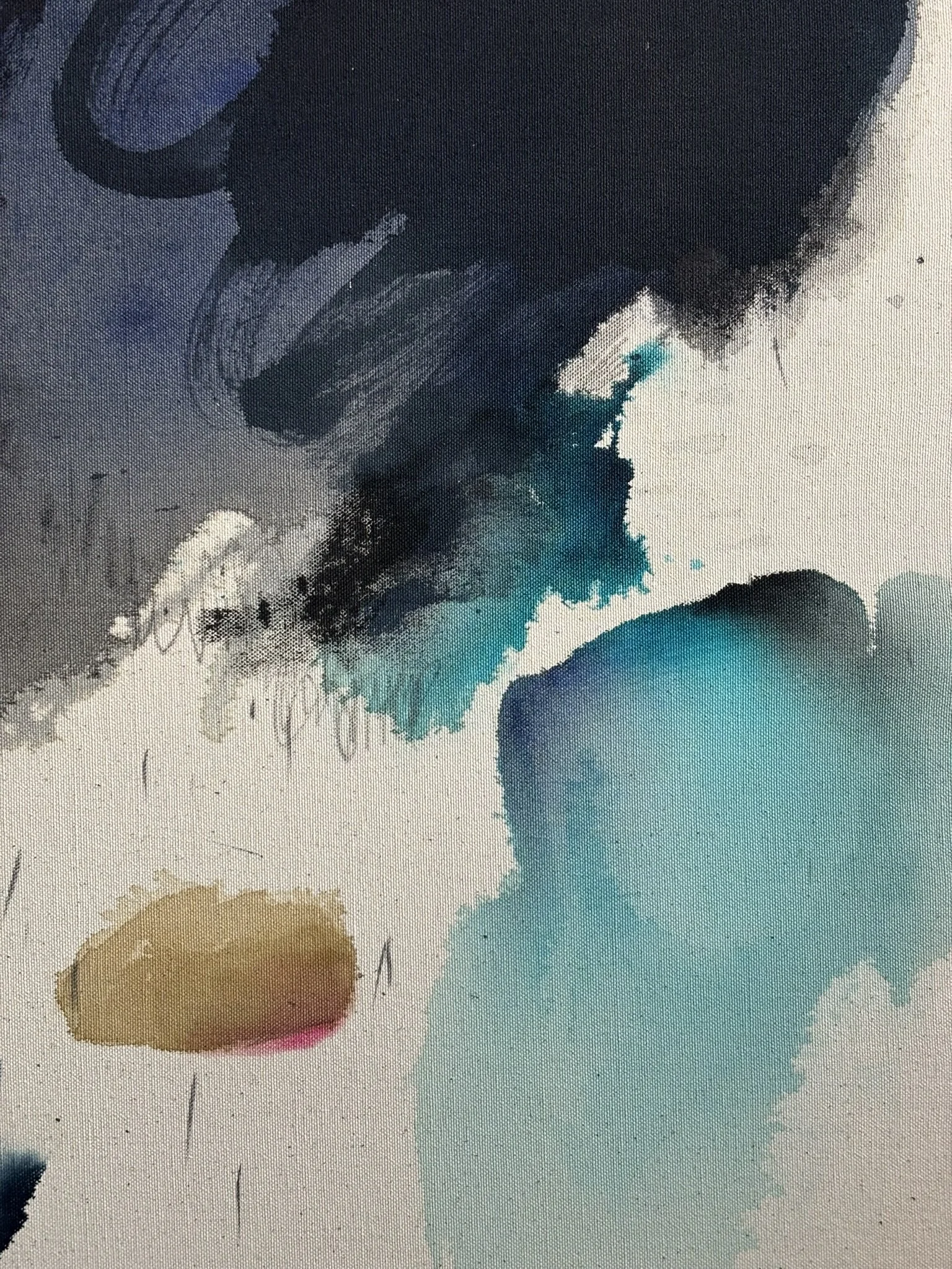 Detail of the original abstract painting "Containment" showing acrylic, pastel and pencil marks