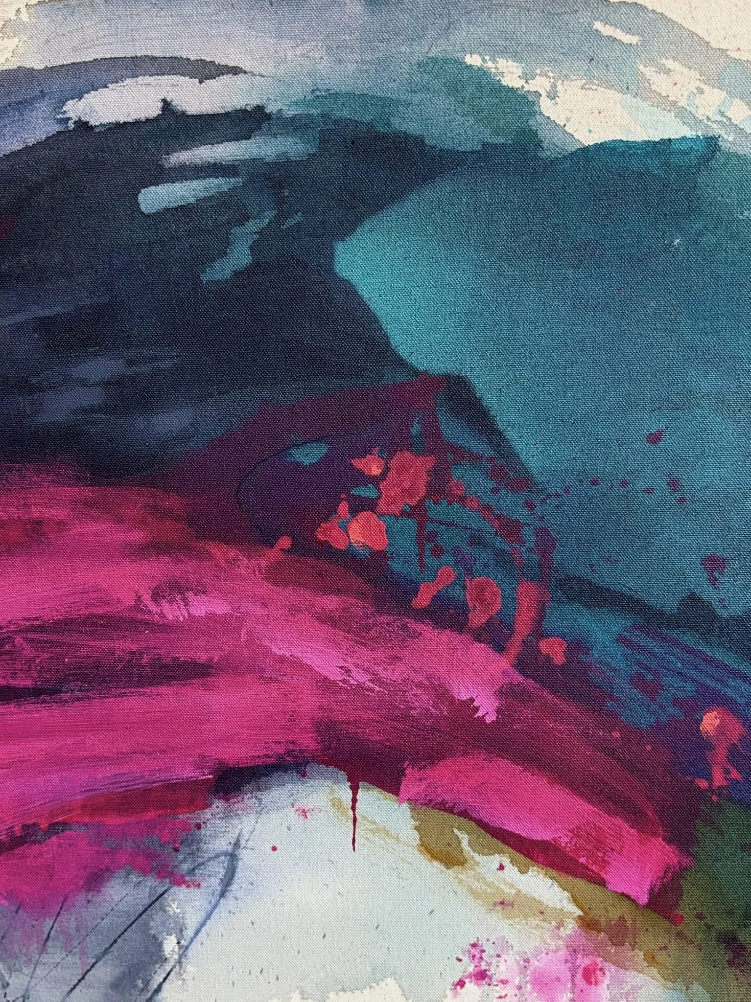 Detail of the original abstract painting "You should smile more" showing acrylic, pastel and pencil marks.