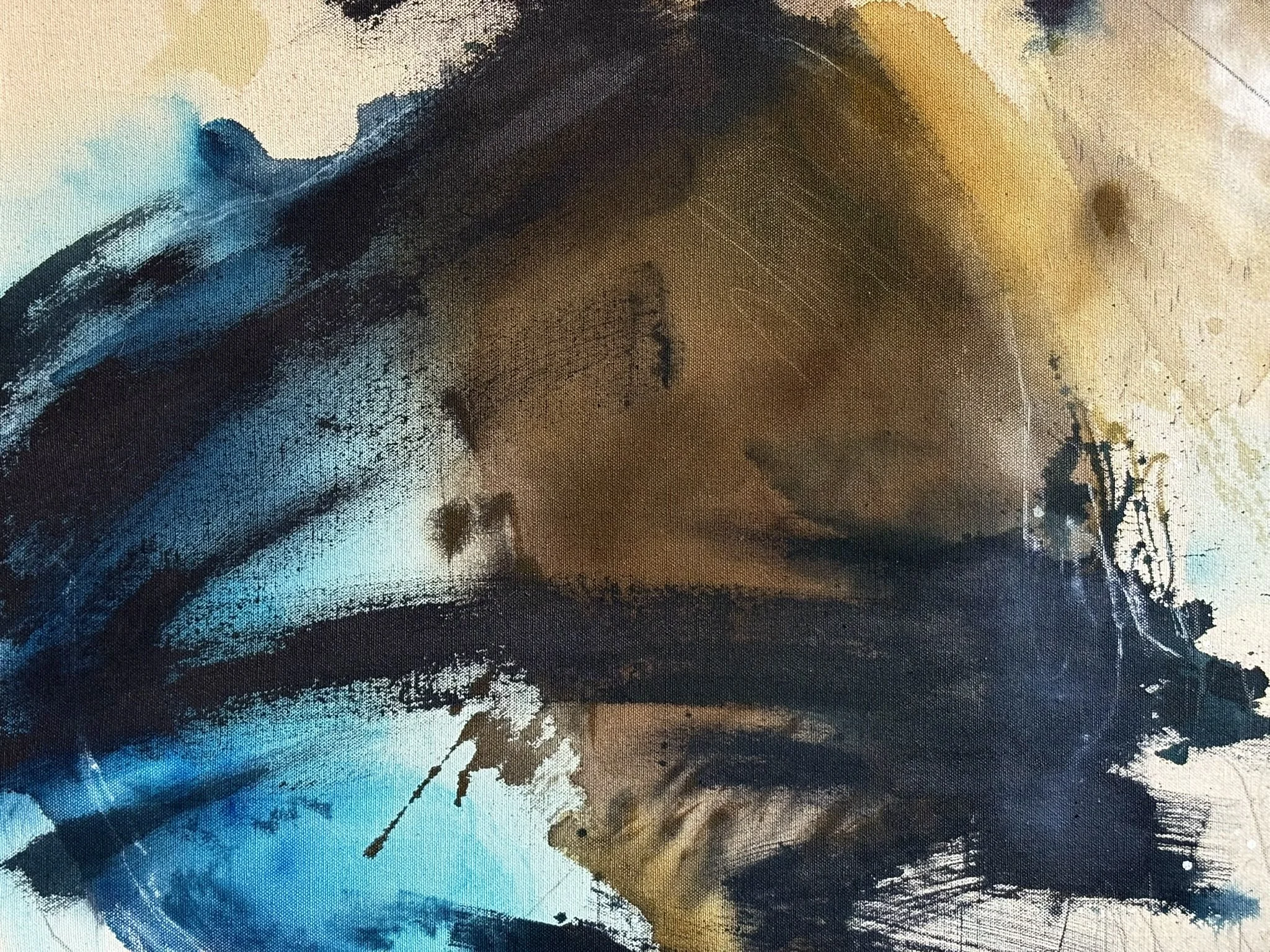 Detail of the original abstract painting "Containment" showing acrylic, pastel and pencil marks