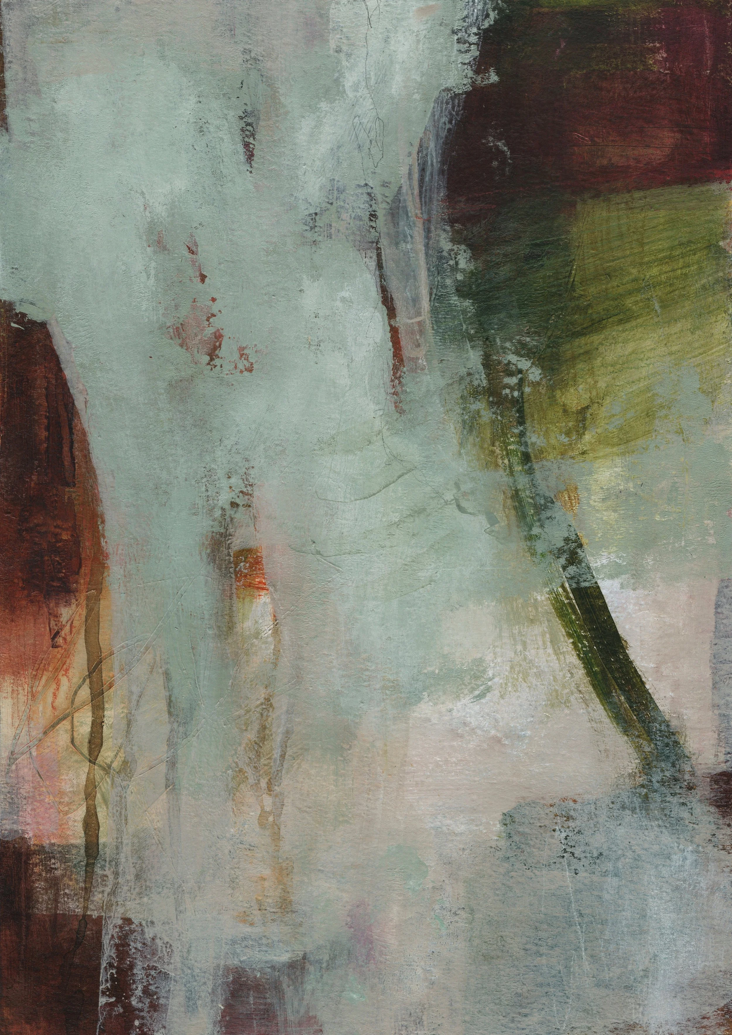 Abstract painting with muted tones of green, brown, and beige, with textured brushstrokes and subtle color variations.