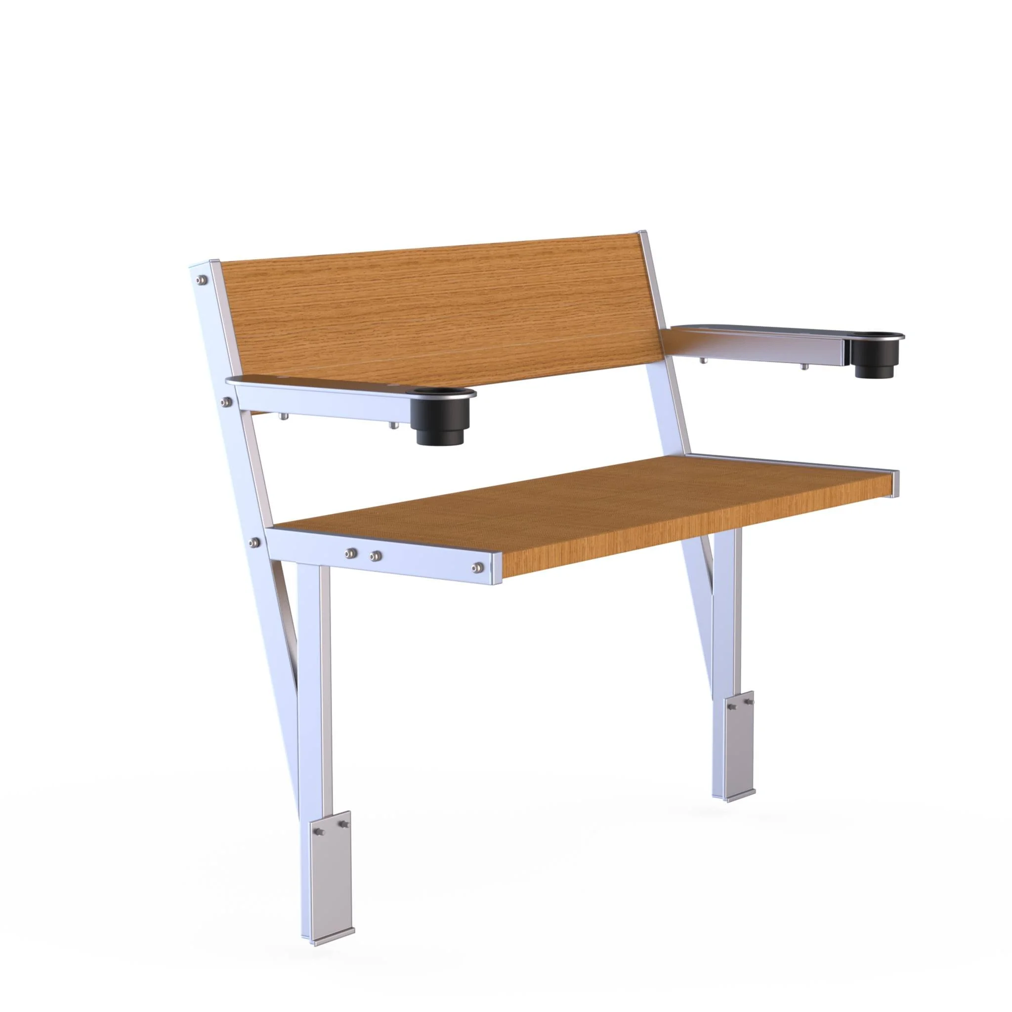 A modern outdoor park bench with wooden seat and backrest and metal armrests with attached drink holders.