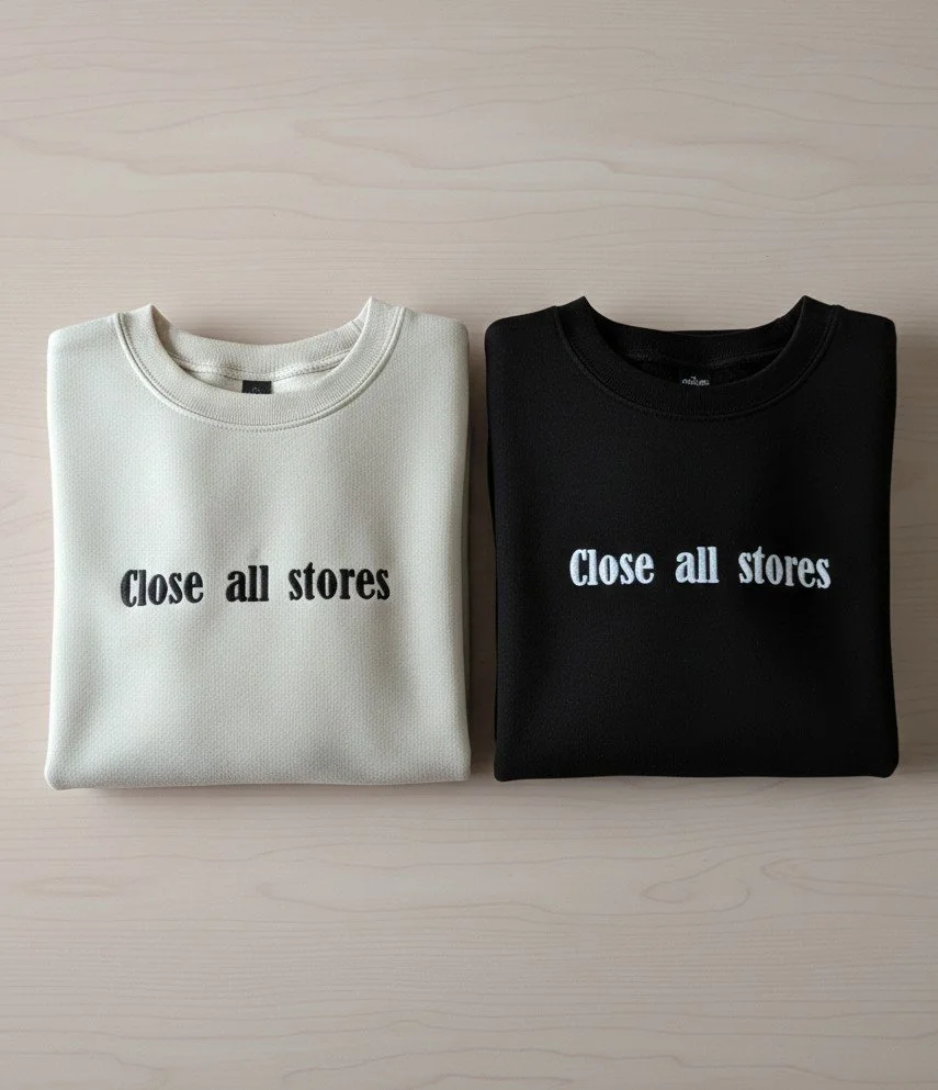 Two folded sweatshirts, one white and one black, with the phrase 'Close all stores' printed on each.