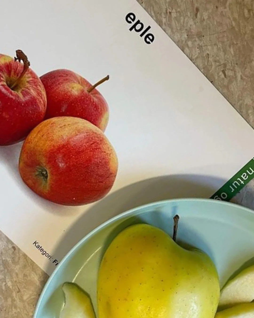 N&aring;r vi leker Bravo-leken, &oslash;nsker vi at barna skal f&aring; erfare ordene med flere sanser. Og kortene om frukt kan gi oss mange muligheter.

Se p&aring; eplet. Hvilken farge har det? Er det stort eller lite? 

Kjenn p&aring; det. Er skal