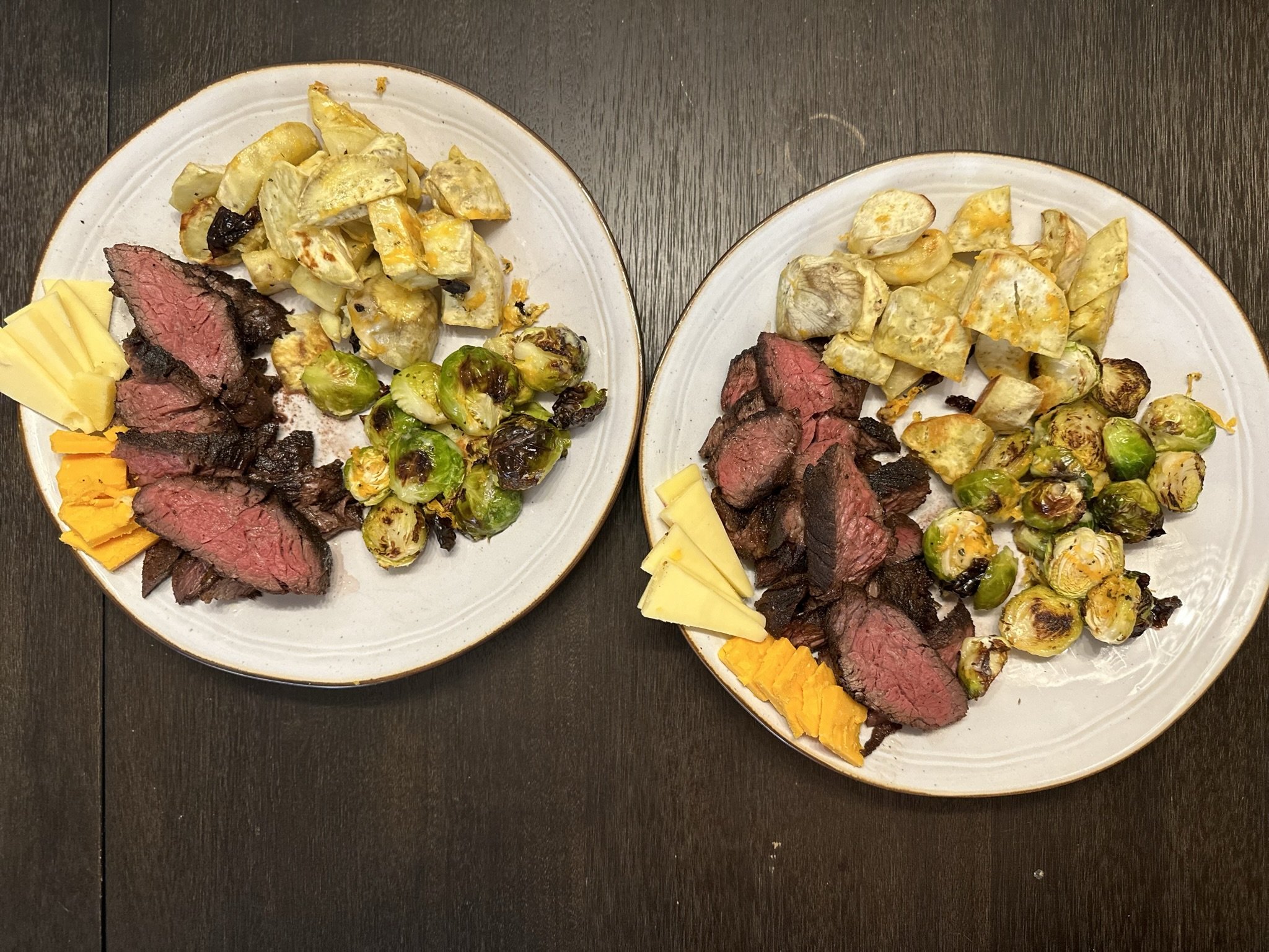 Tri-tip with roasted potato & brussels (cheese  because why not?)