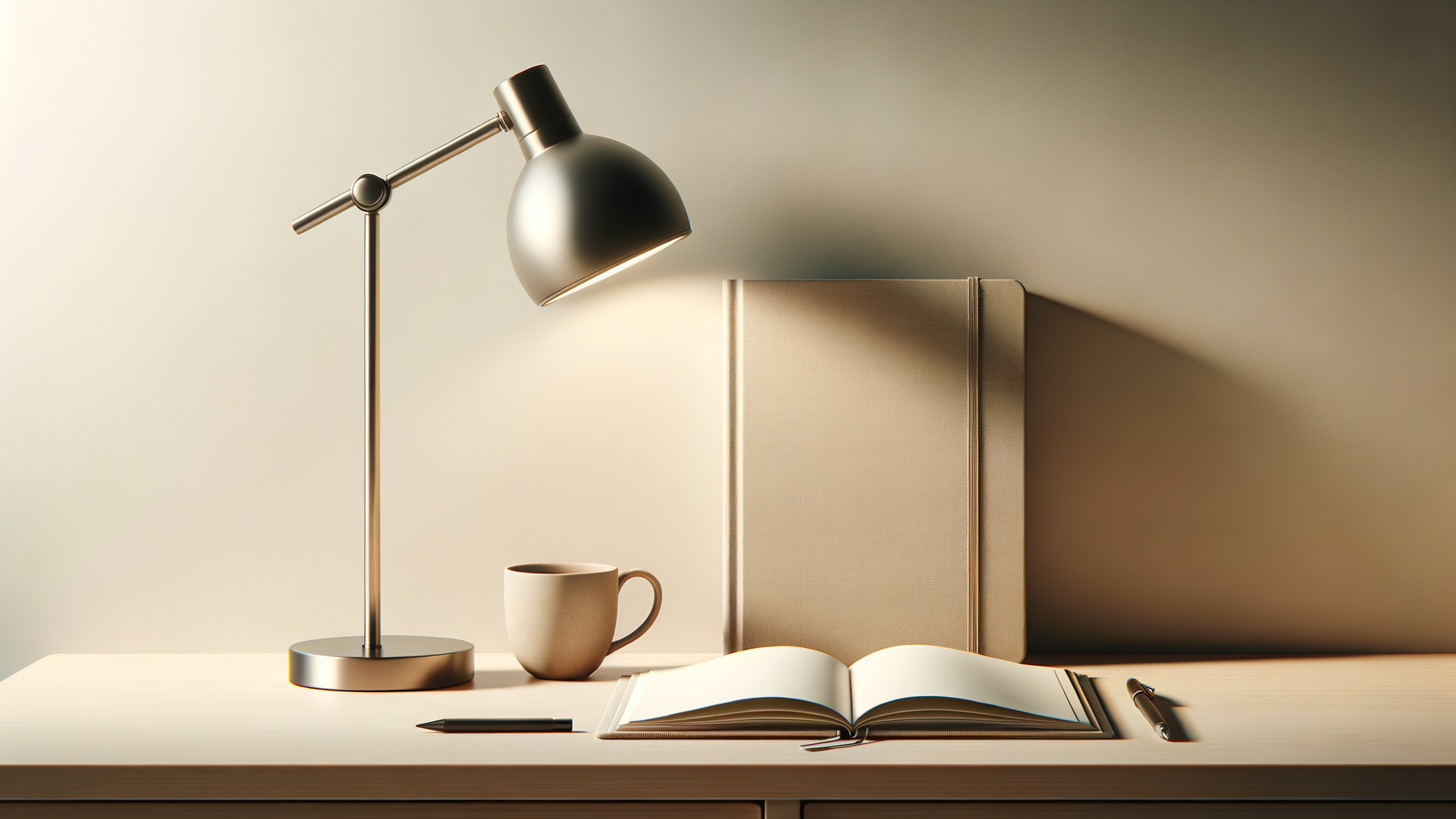 Desk with a metallic desk lamp illuminating an open notebook, a coffee mug, a closed beige book, a black pen, and a gold pen, with a plain beige wall in the background.