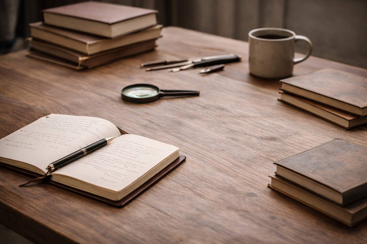 A wooden table with open and closed books, a notebook with handwritten notes, a fountain pen, a magnifying glass, a mug of coffee, and some additional pens.