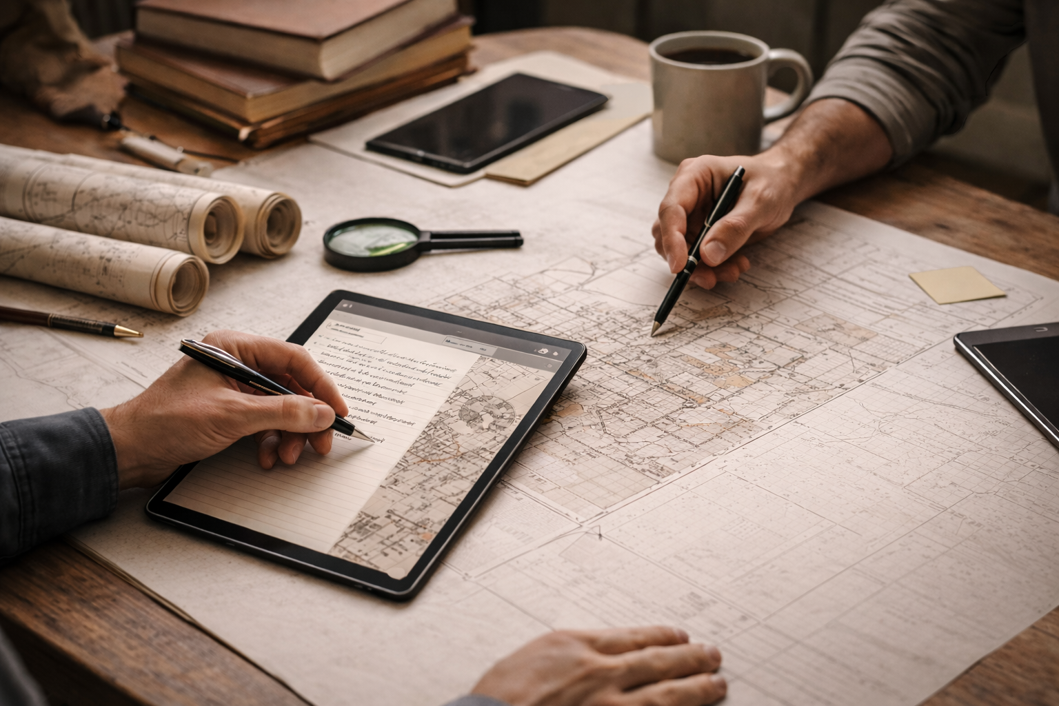 Two people reviewing large architectural plans and maps on a wooden table, with one person using a tablet to take notes and another writing with a pen, surrounded by books, a magnifying glass, a coffee mug, and other office supplies.