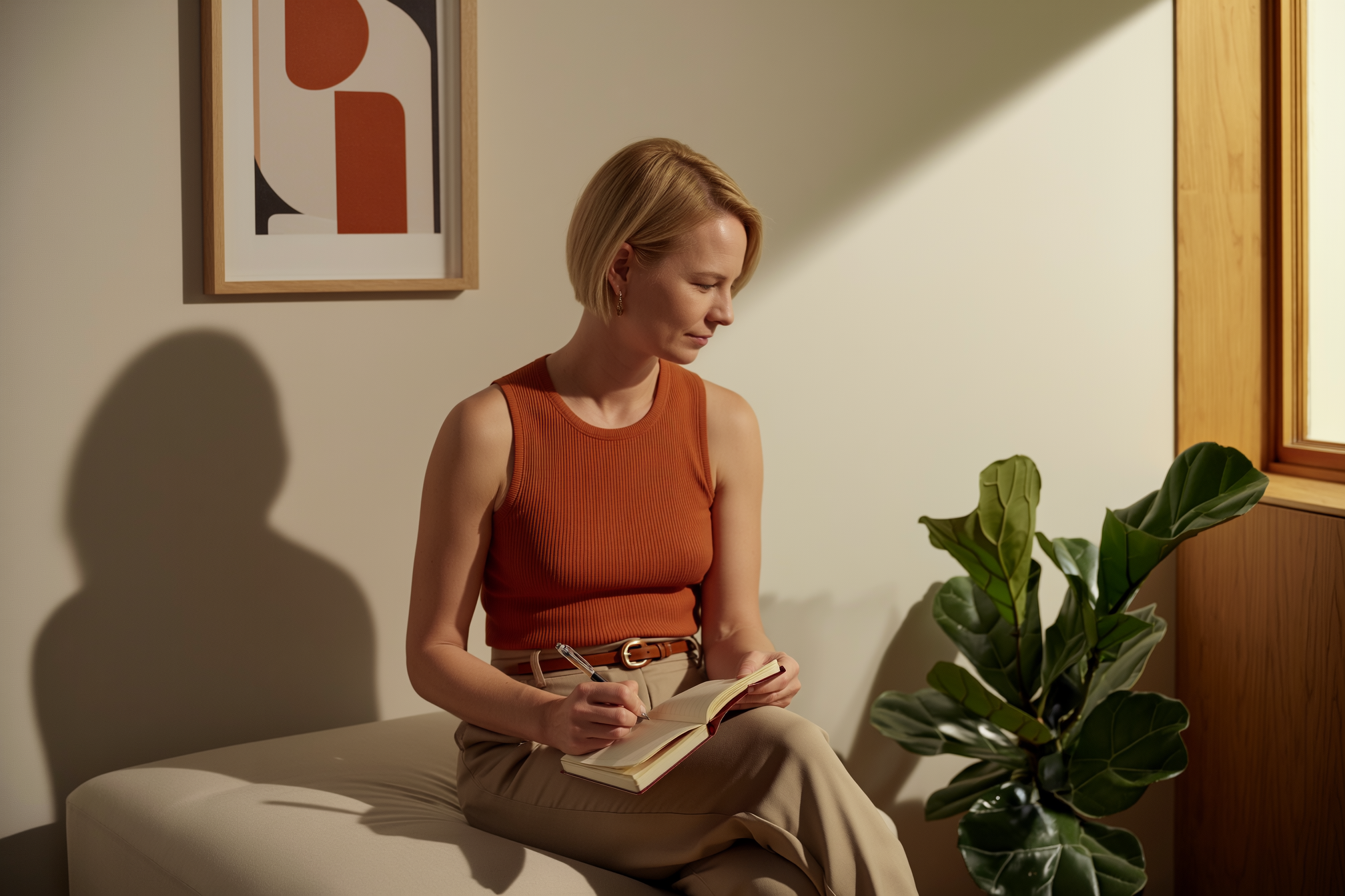 Interior designer seated in a calm minimalist interior with neutral tones
