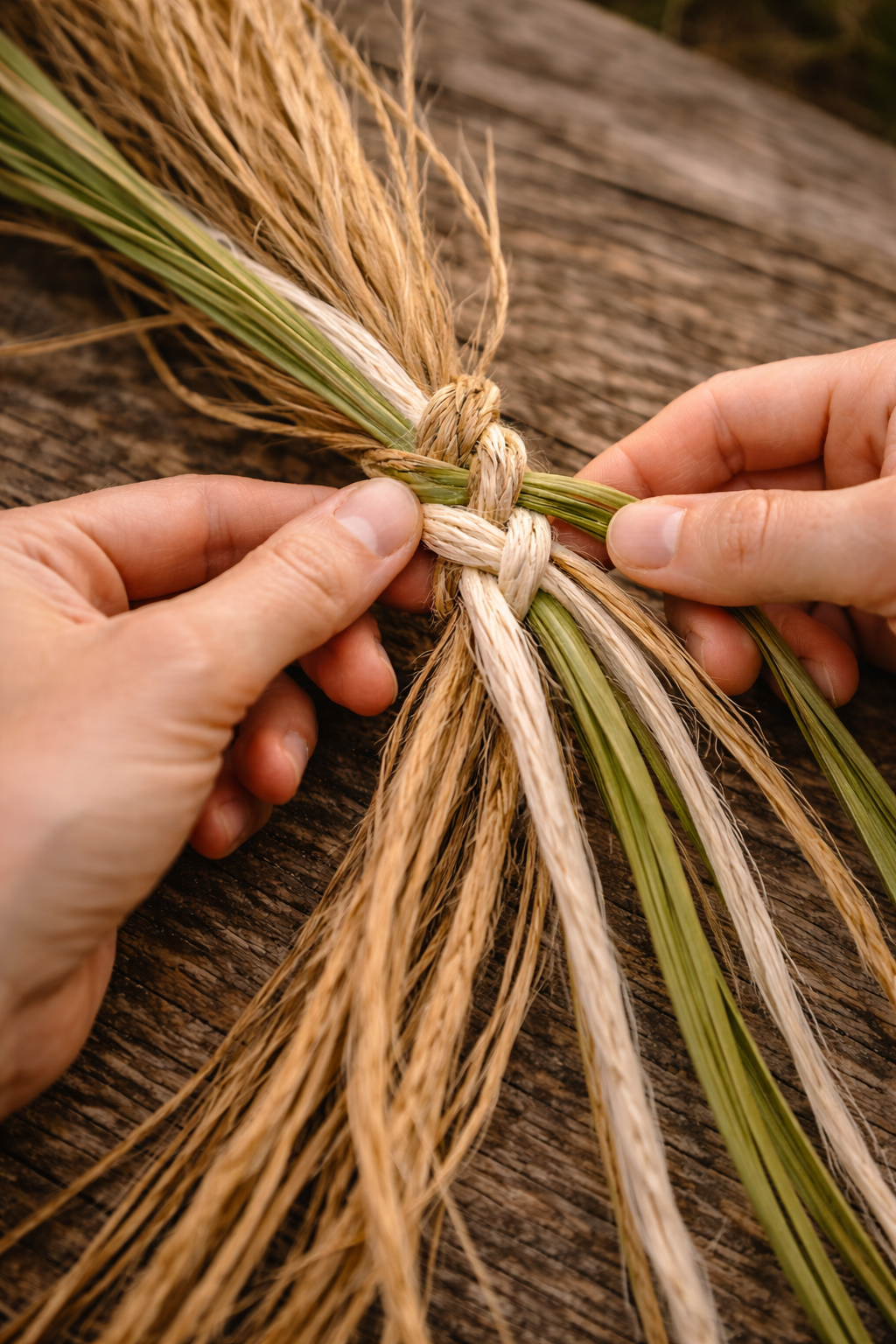 Hands tying a knot in a bundle of dried and green grass or straw on a wooden surface.