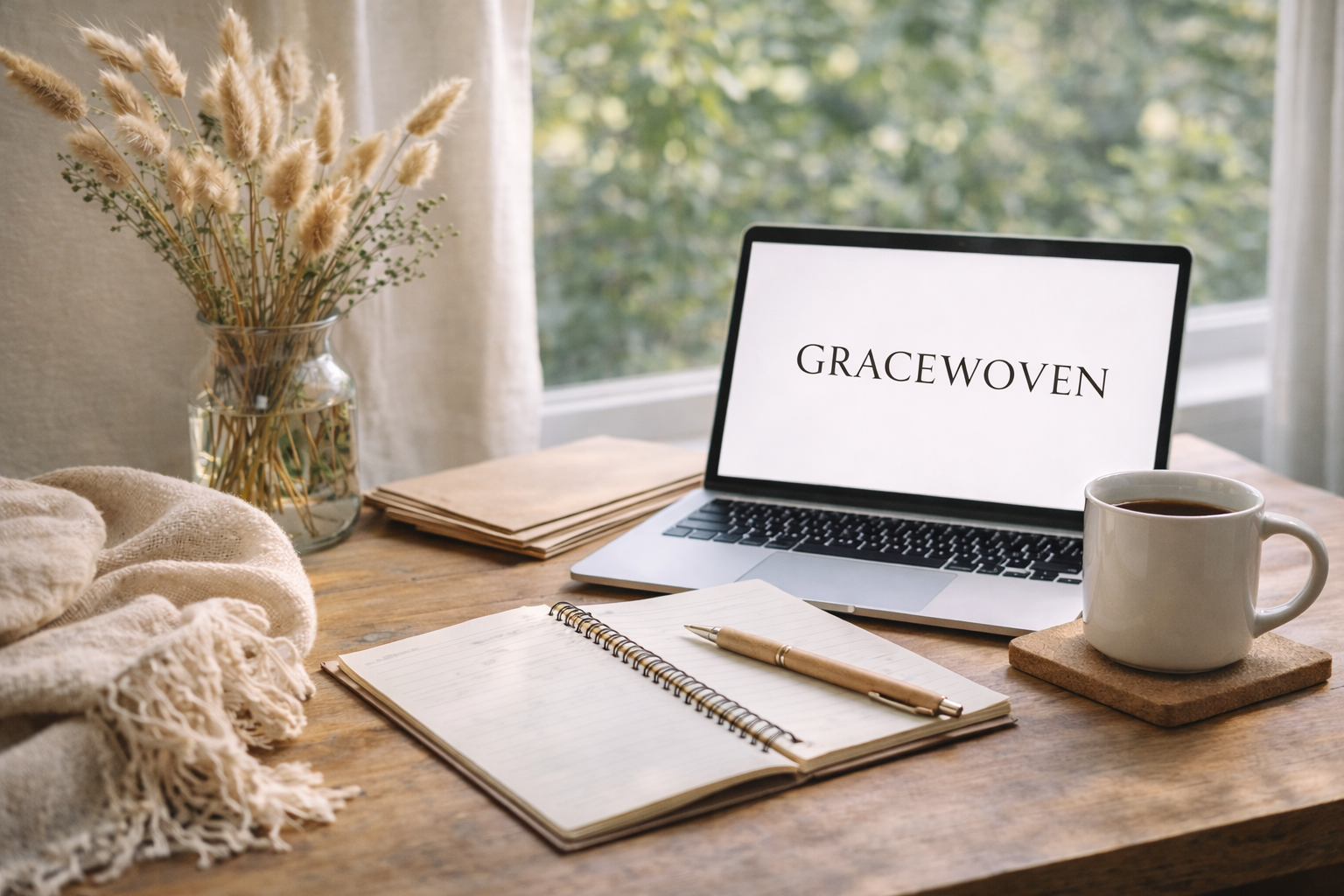 A wooden desk with a laptop displaying the word "GRACEWOVEN," an open notebook with a pen, a white mug of coffee on a cork coaster, a glass vase with dried flowers, a stack of papers, and a cozy beige blanket, set near a window with green foliage outside.