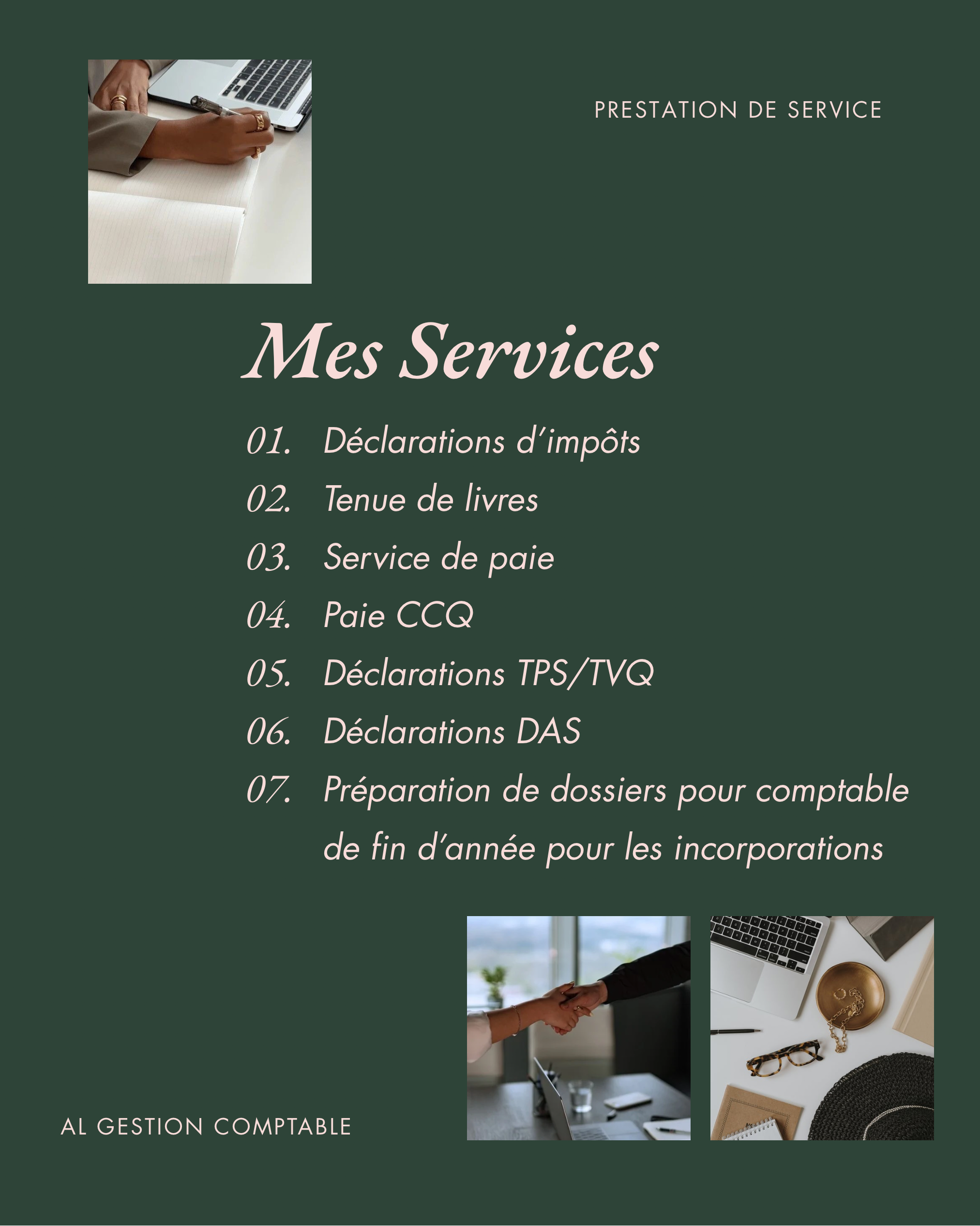 Affiche promotionnelle pour un cabinet de gestion comptable présentant une liste de services, avec des images de personnes travaillant avec un ordinateur et une poignée de main entre deux personnes.