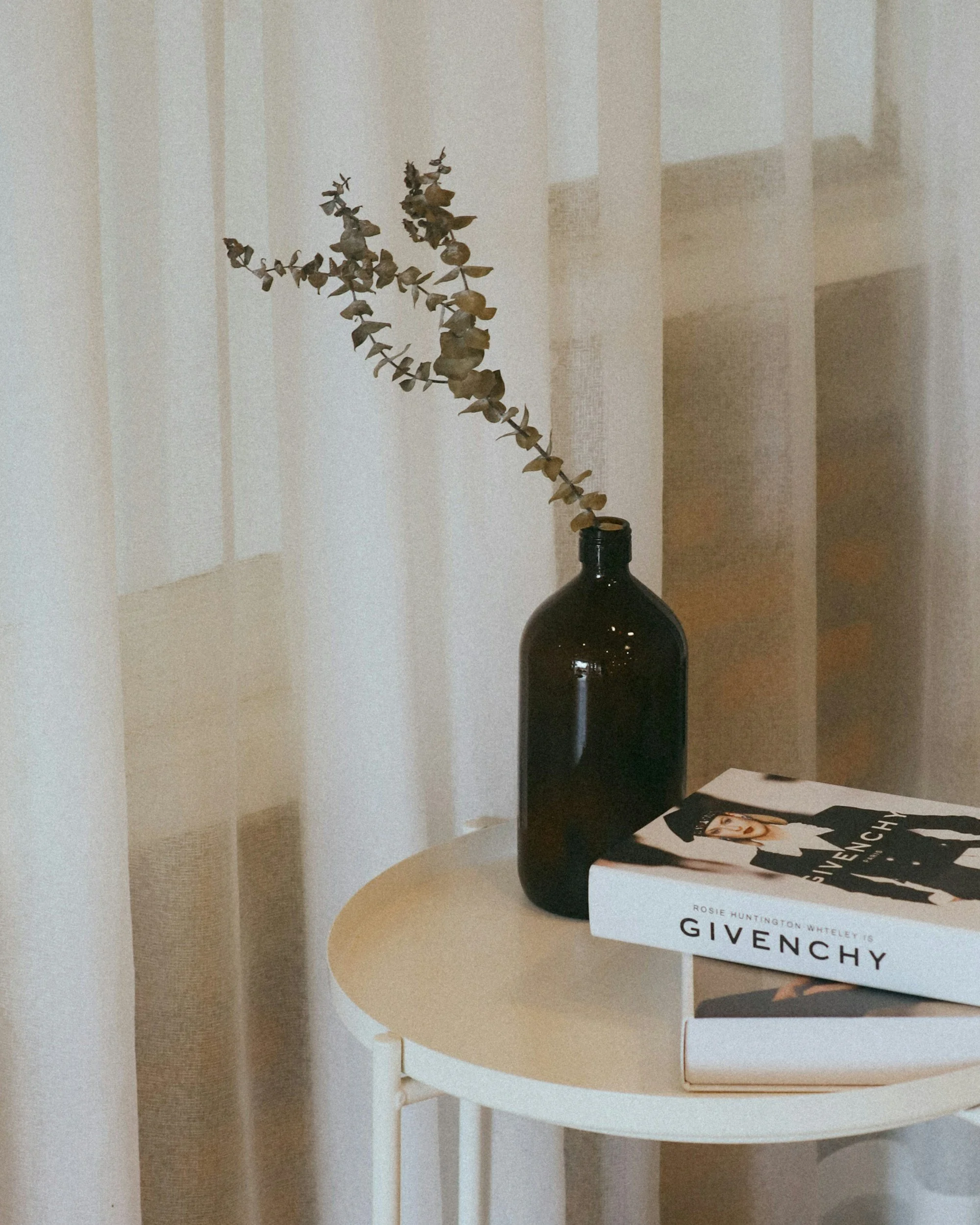 Vase en verre foncé avec branche de eucalyptus, livres de mode