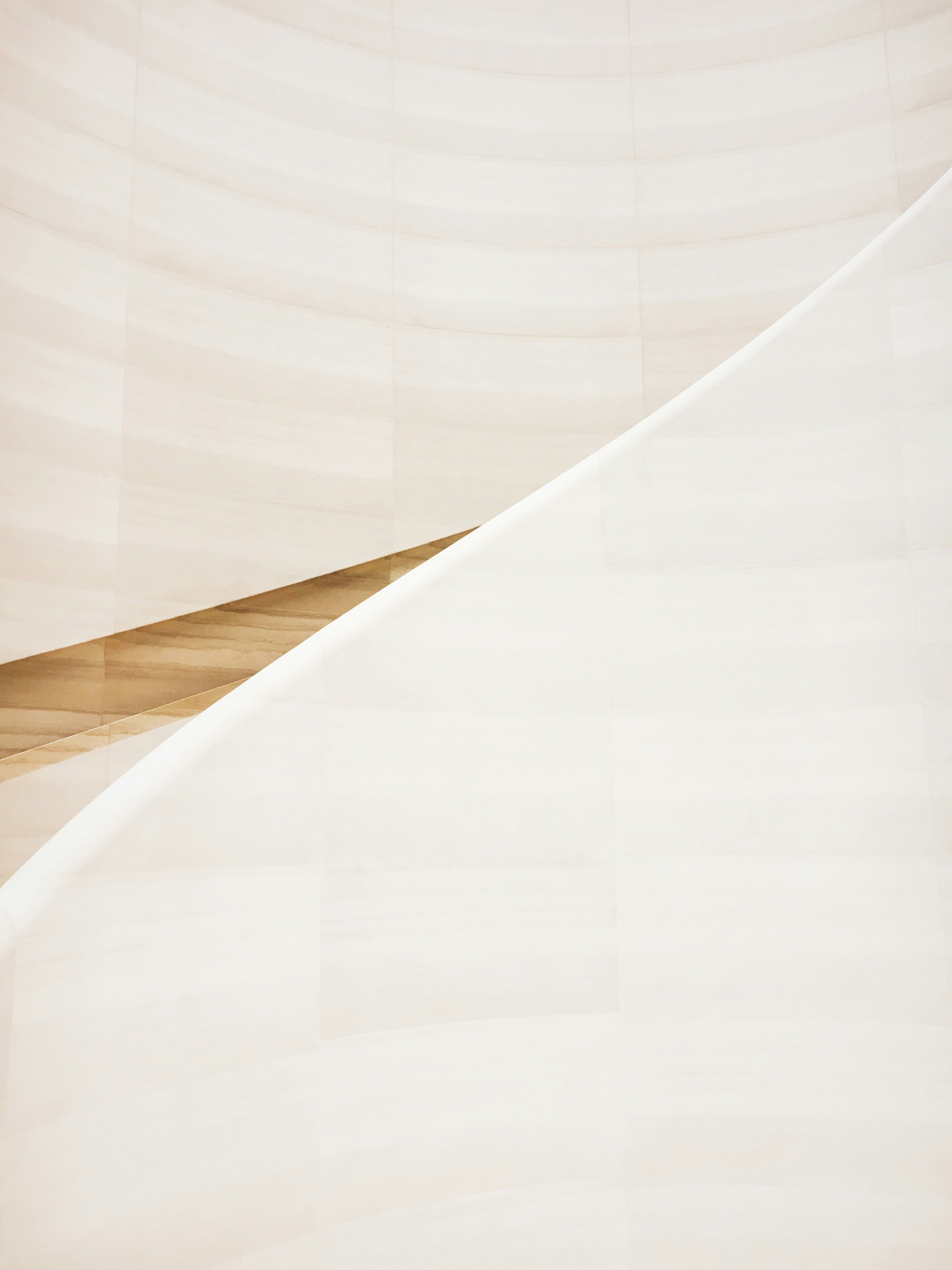 Minimalist curved white staircase with soft shadows and warm wood steps.