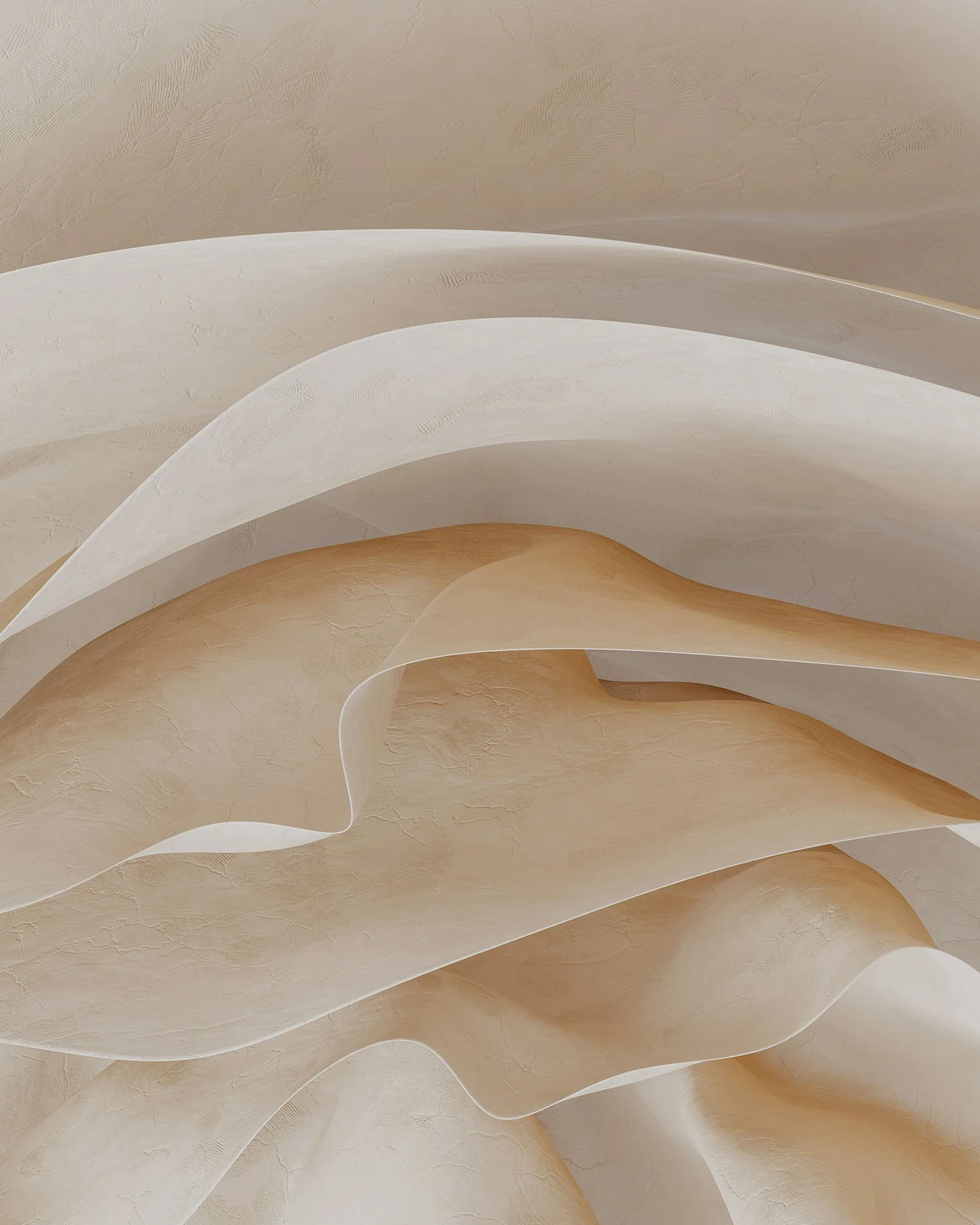 Abstract layered beige sculptural surface with flowing organic shapes.