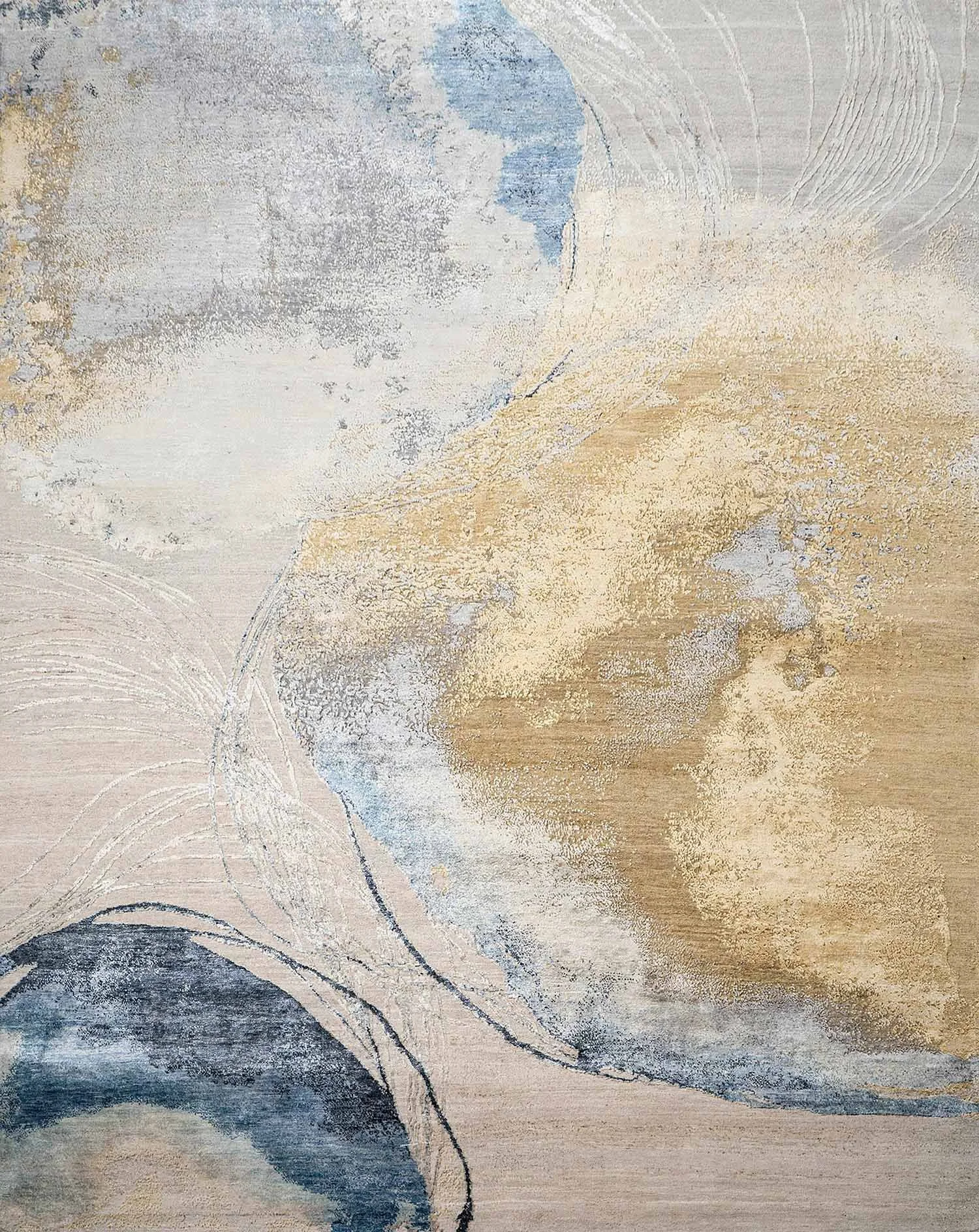 Abstract painting in soft beige, blue, and gold tones with layered textures and organic shapes.