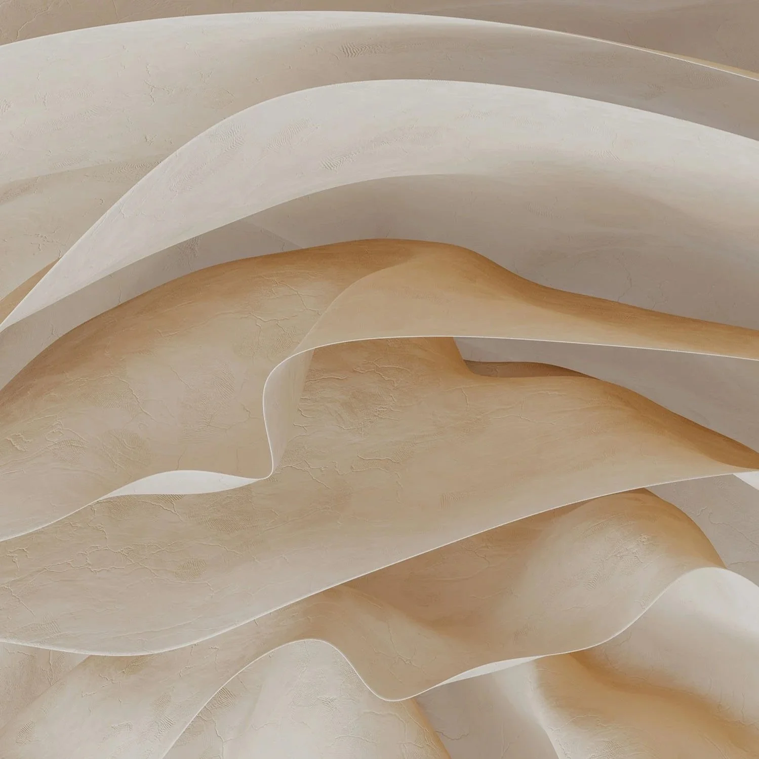 Abstract layered beige sculptural surface with flowing organic shapes.