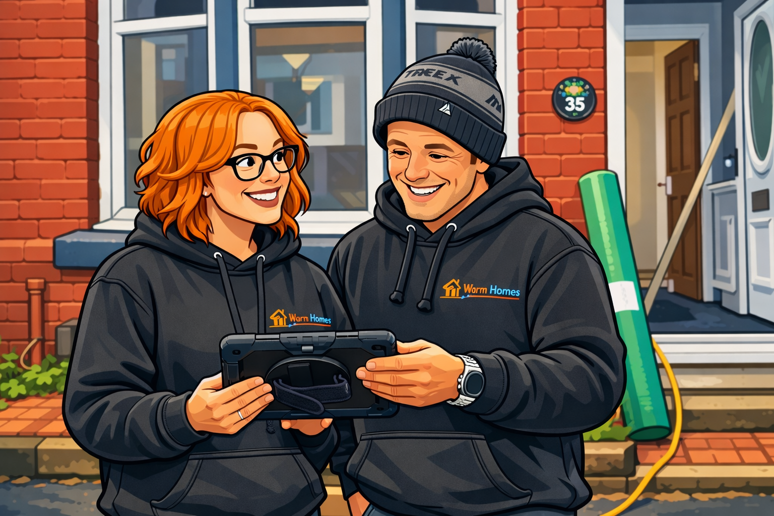 Two smiling workers wearing black hoodies with the Warm Homes logo, standing outside a brick house, looking at a handheld device.