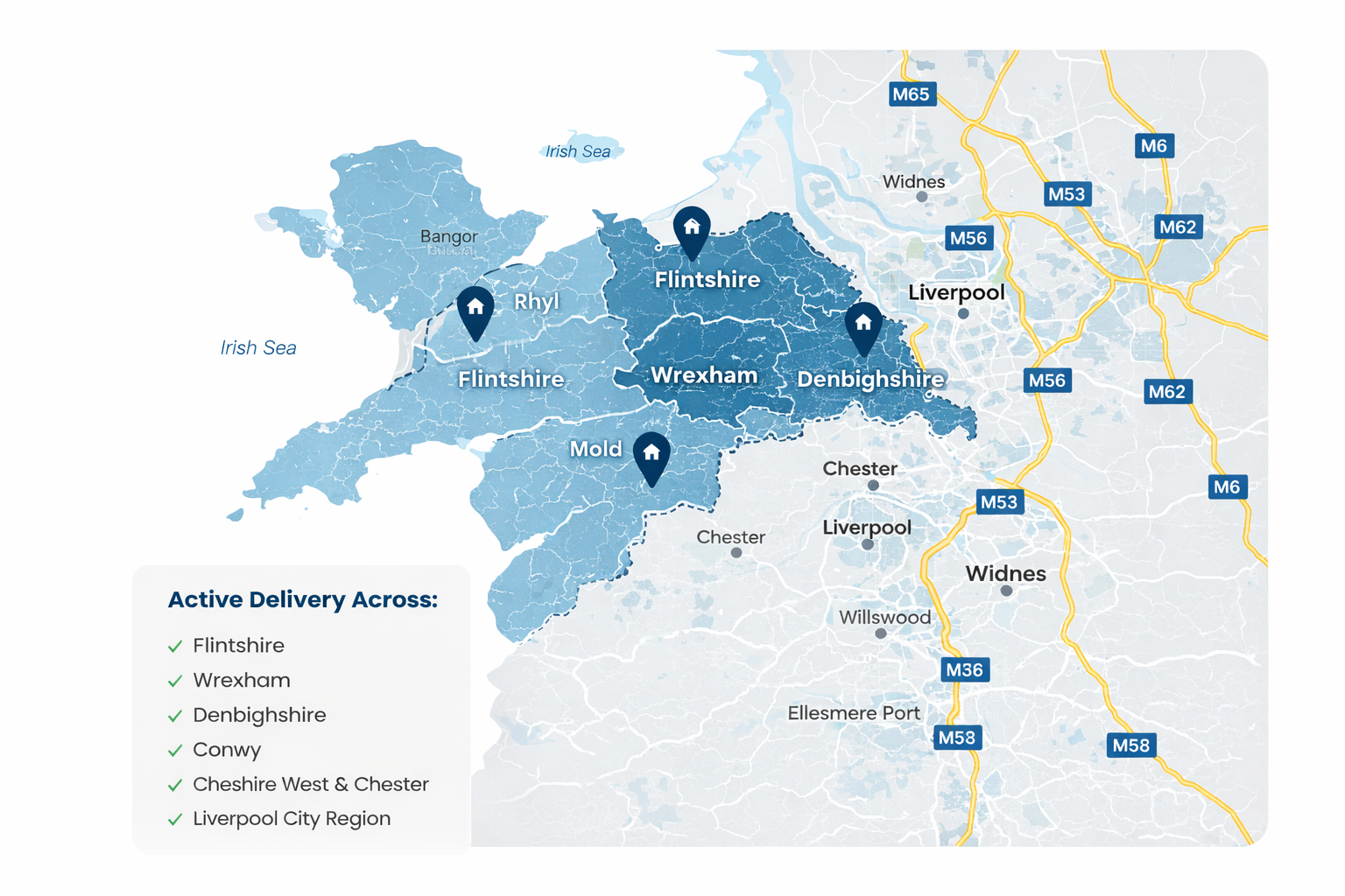 Map of regions around Liverpool, England, showing active delivery areas in Flintshire, Wrexham, Denbighshire, Conwy, Cheshire West & Chester, and Liverpool City Region. Includes labels for nearby cities such as Bangor, Rhyl, Mold, Chester, Ellesmere Port, Widnes, and Widdes, with highways M6, M56, M53, M62, and M58.